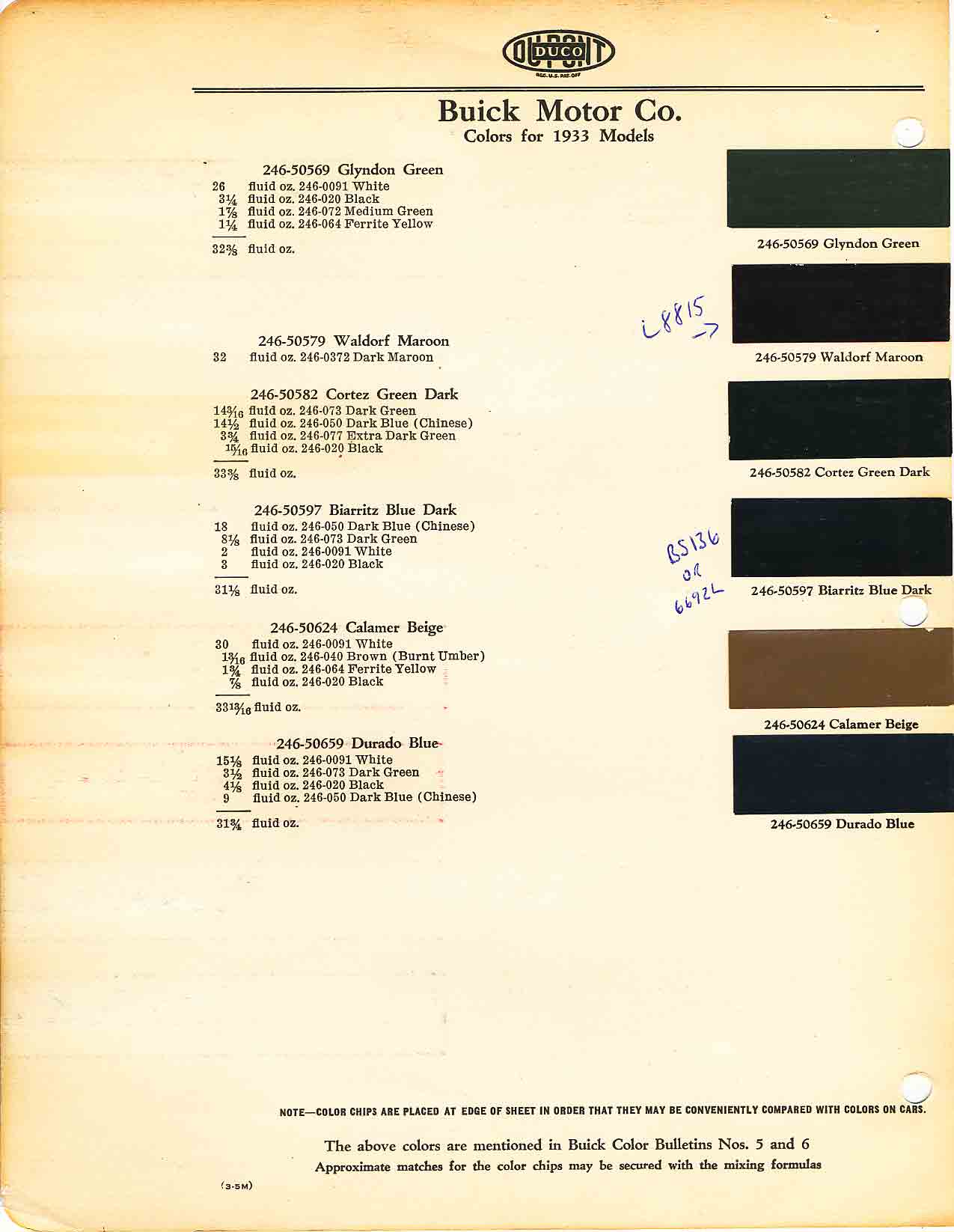 Colors and codes used on Buick Vehicles in 1933