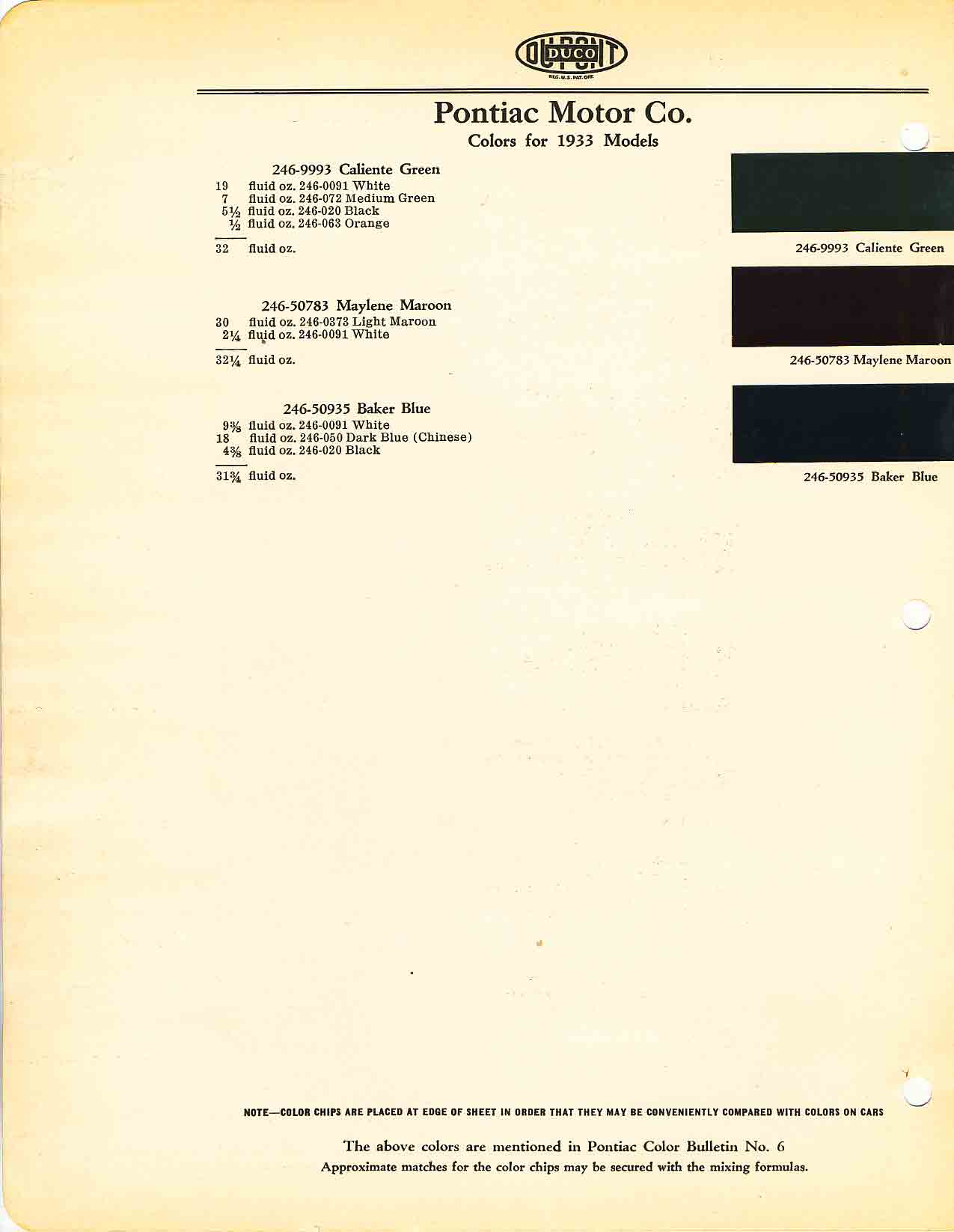 Colors and codes used on Pontiac Vehicles in 1933