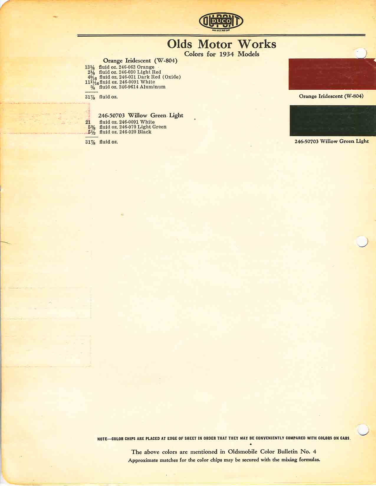 Colors and codes used on Oldsmobile Vehicles in 1934