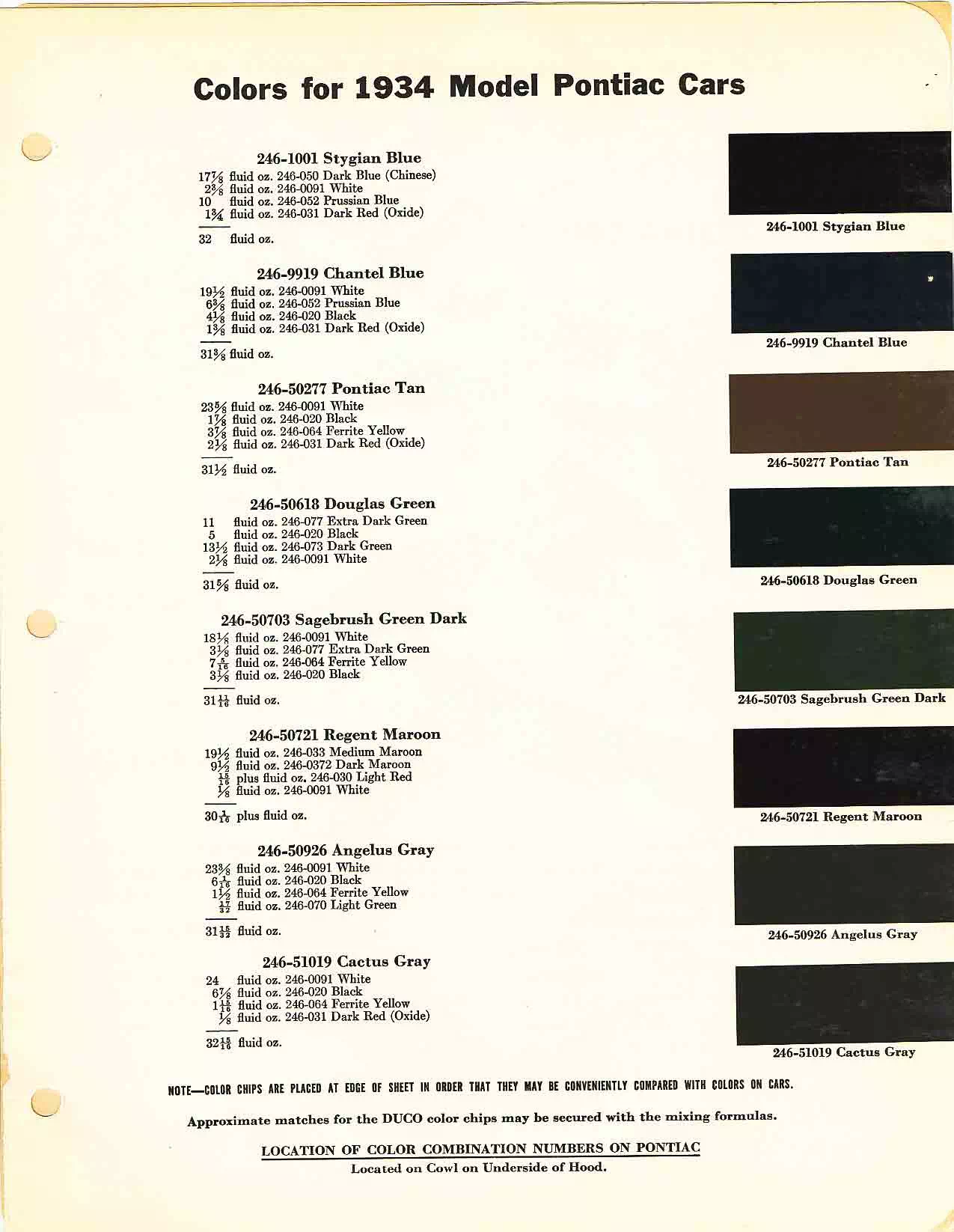 Chart that shows the Colors used on Pontiac Vehicles and the Code to look them up.