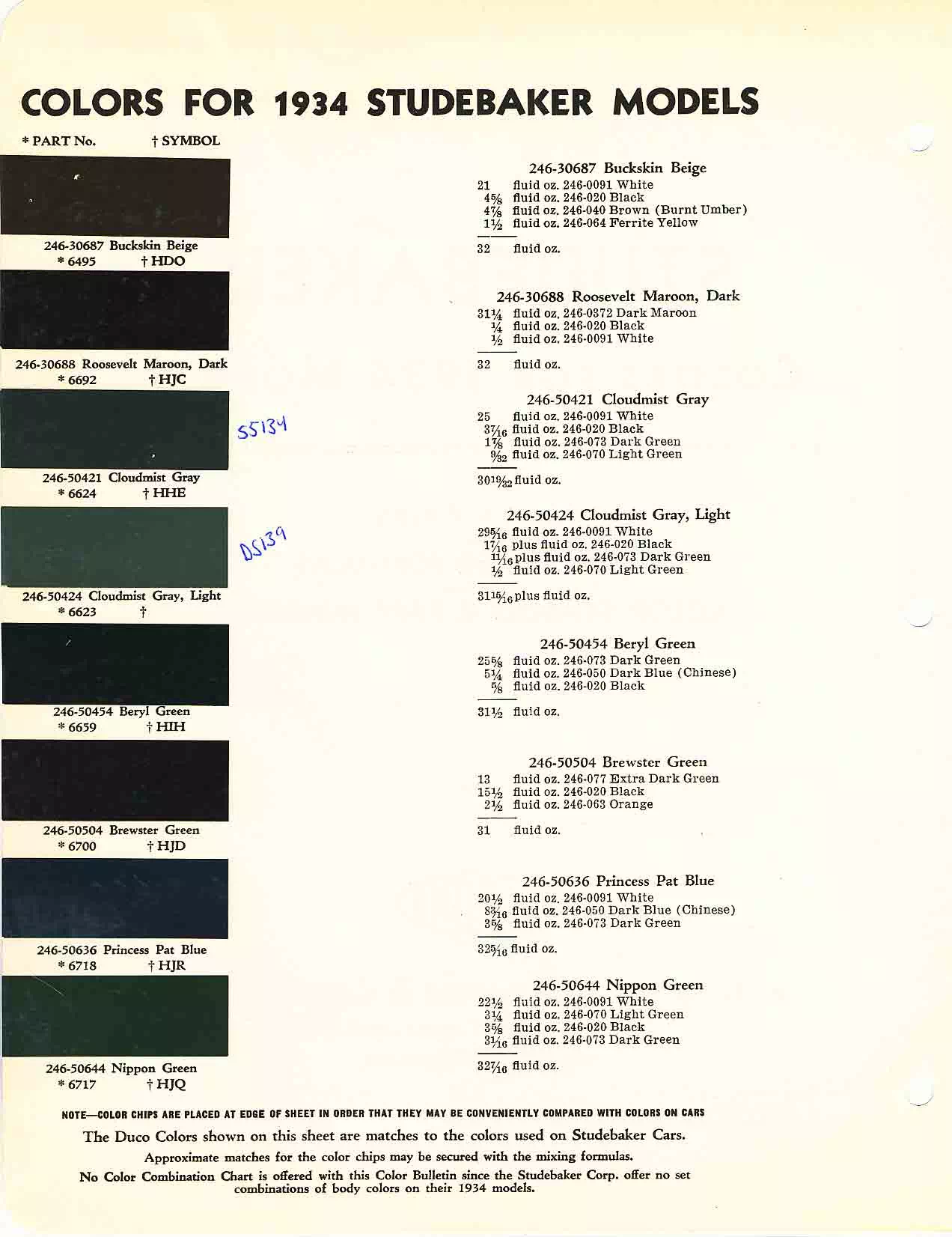 Color chart for 1934 motor vehicles exterior paint code.  Examples of Colors and ordering codes.
