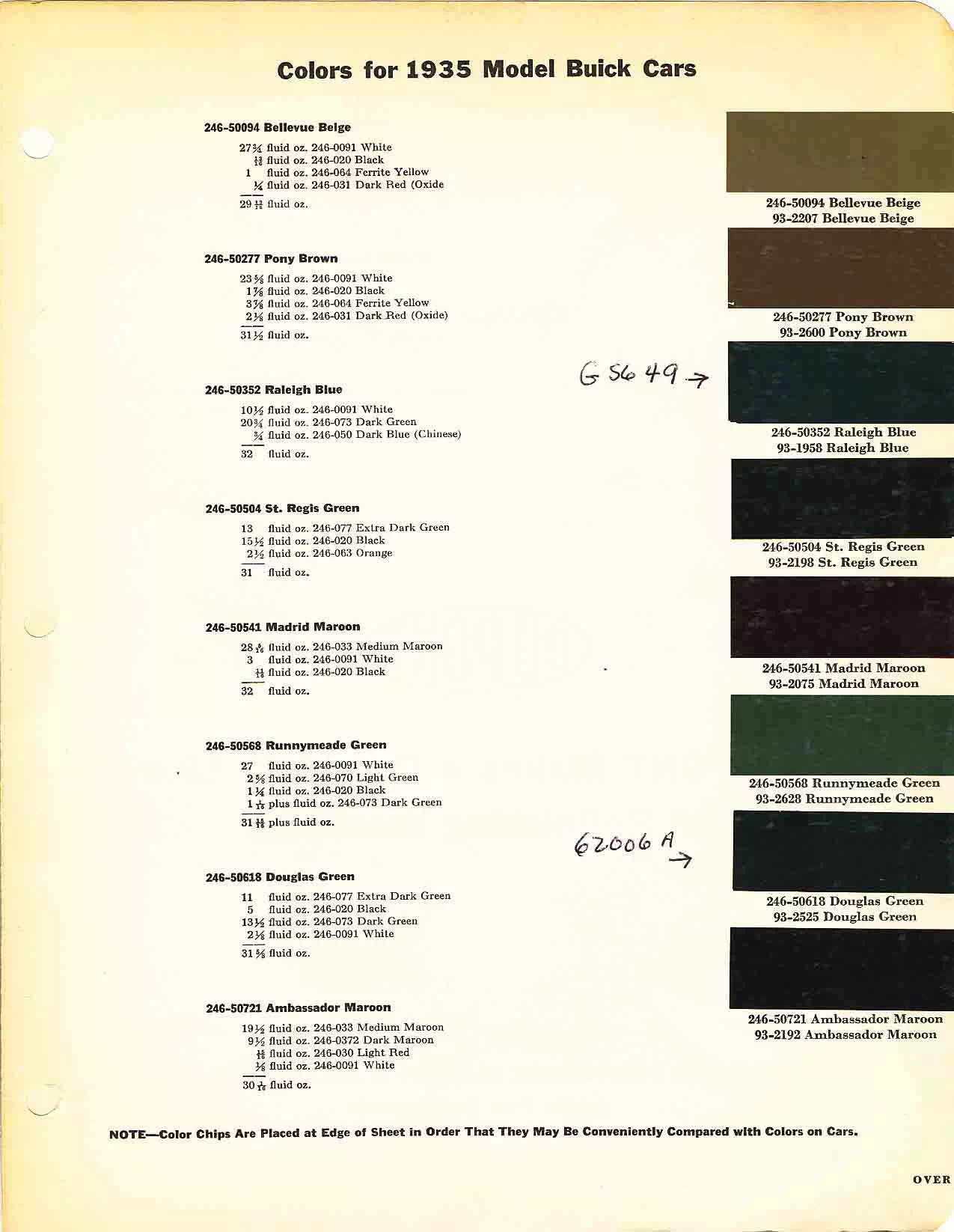 Color chart for 1935 motor vehicles exterior paint code.  Examples of Colors and ordering codes.