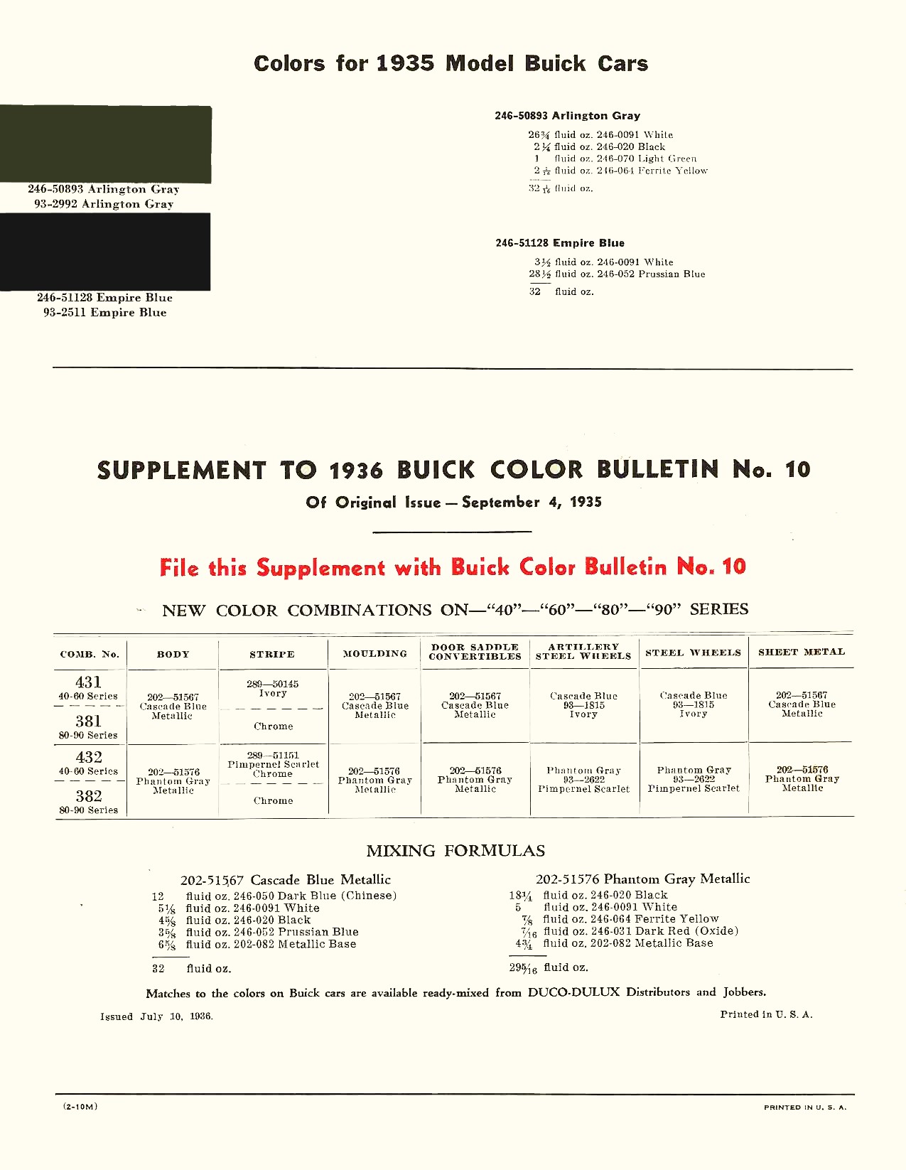 Color codes and Paint Swatches used on Buick in 1935