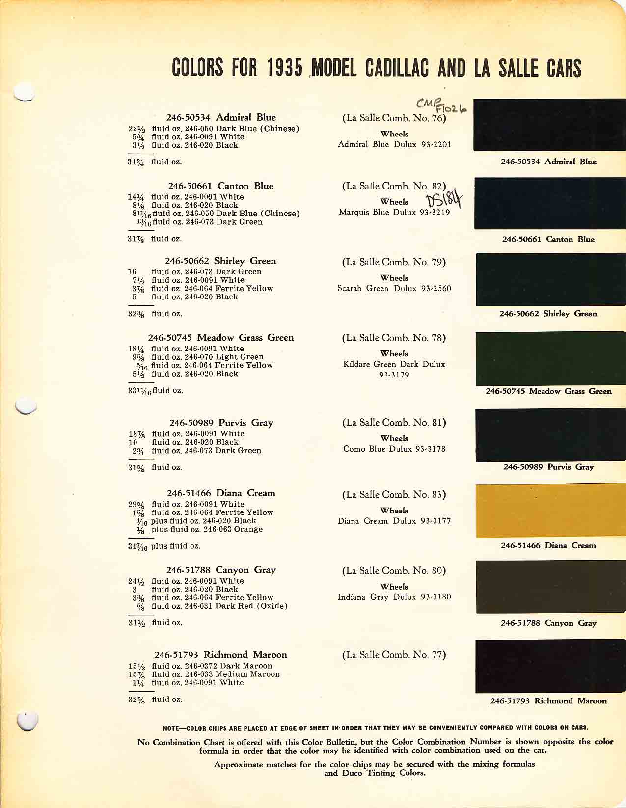 Colors and codes used on Cadillac Vehicles in 1935