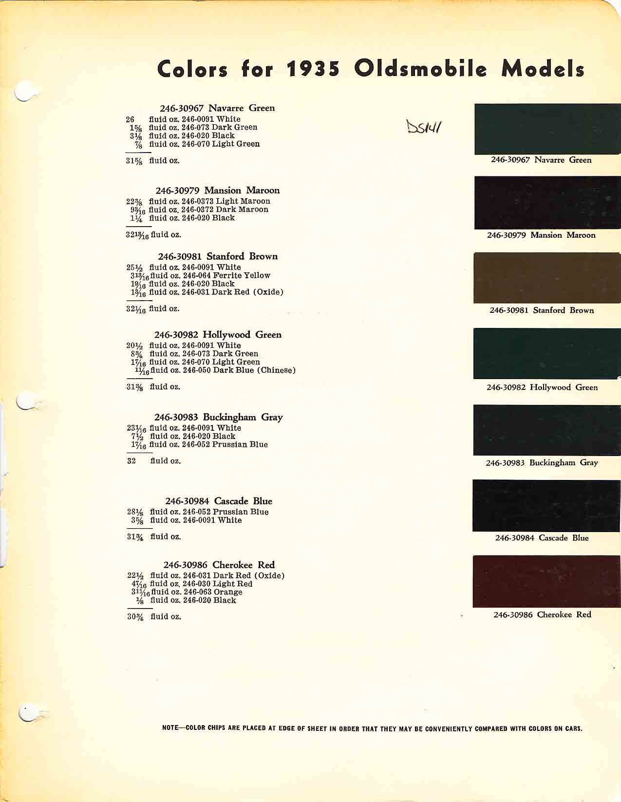 Colors and codes used on Oldsmobile Vehicles in 1935