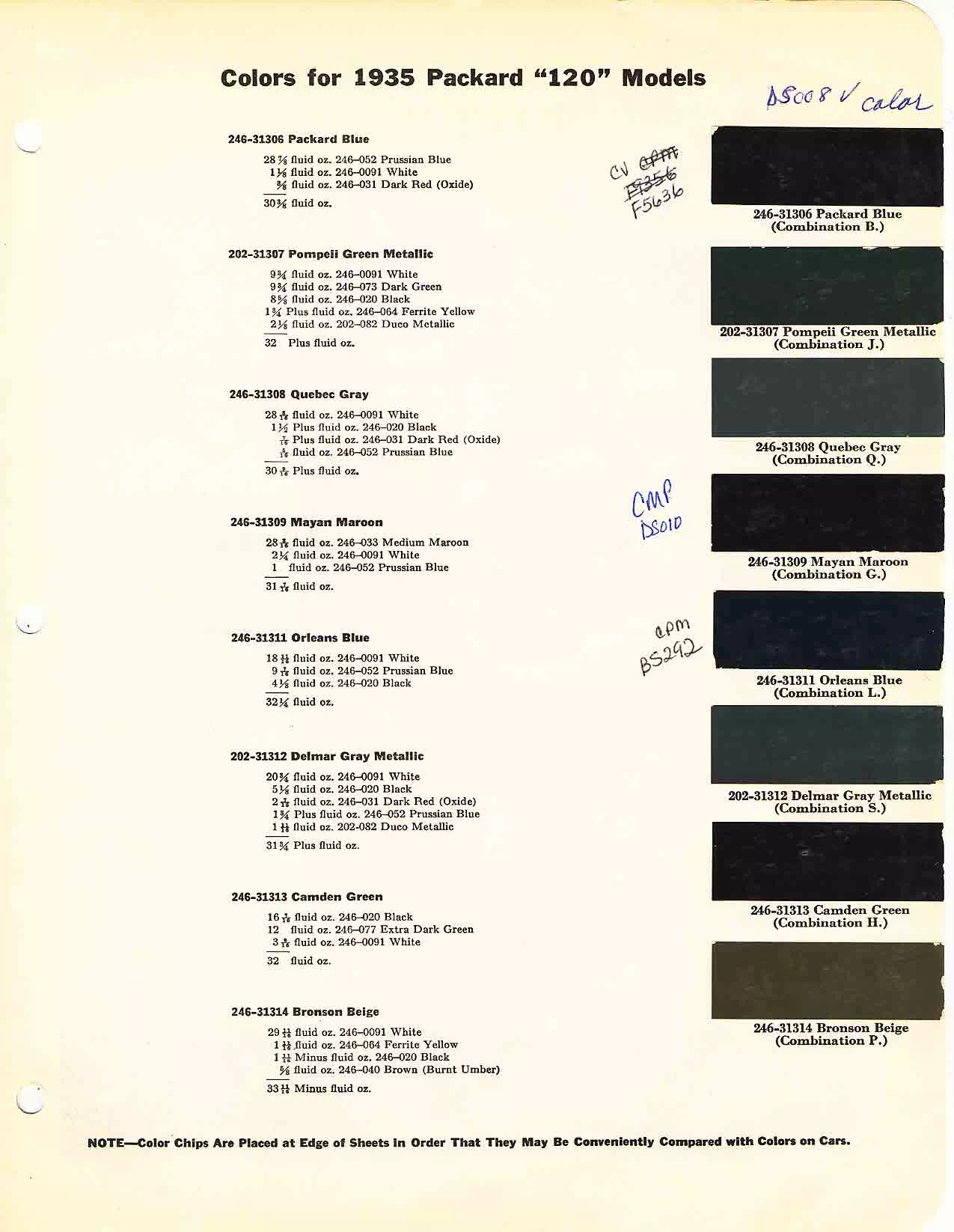 Color chart for 1935 motor vehicles exterior paint code.  Examples of colors and ordering codes.