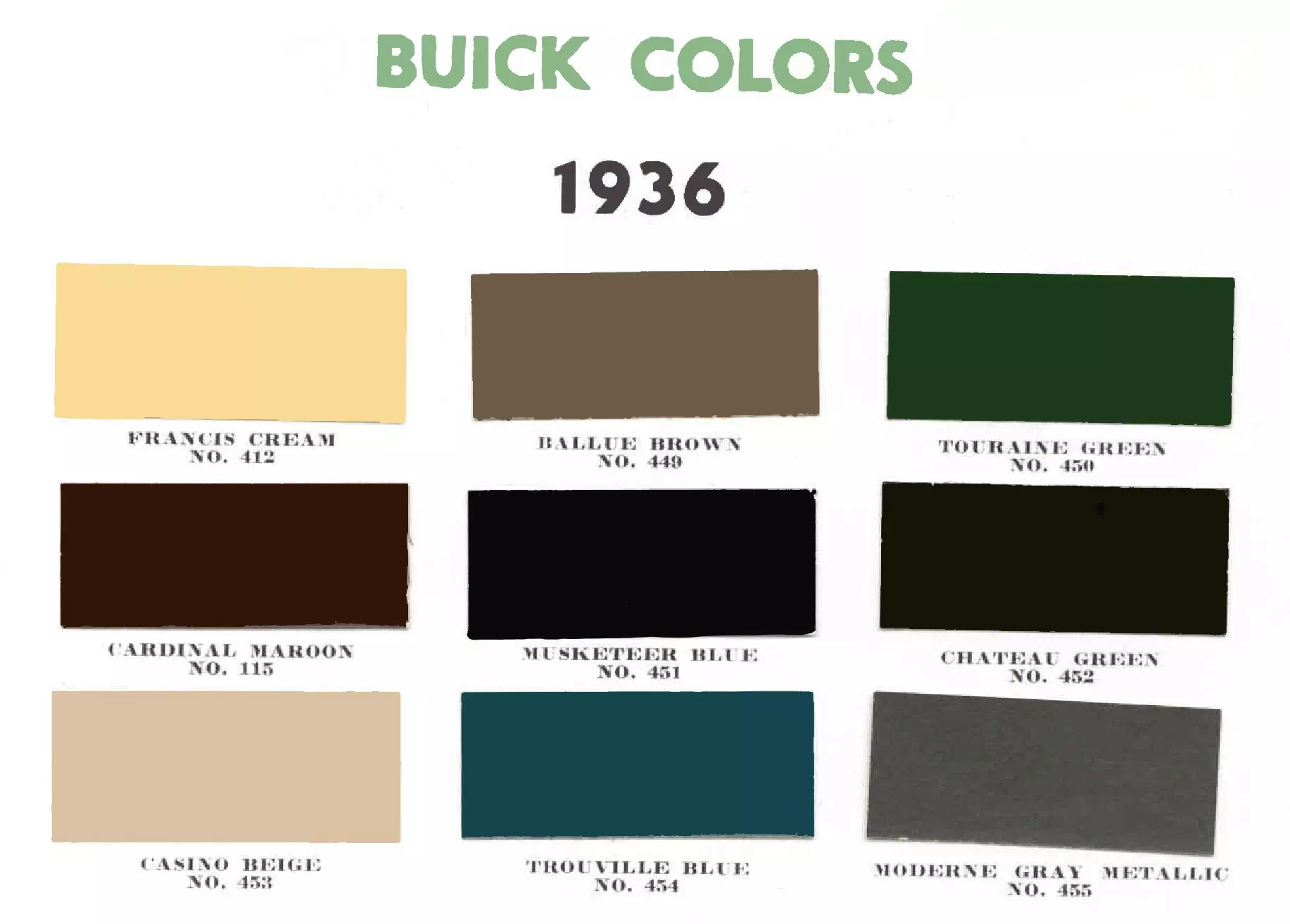 Paint Codes and Paint Colors used on the exterior of 1936 Buick Vehicles