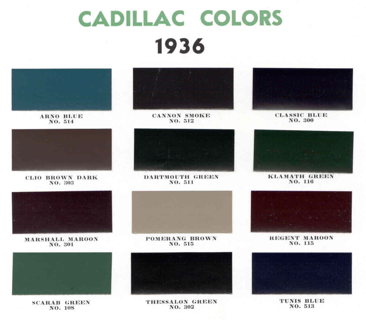 Colors and Codes used on the Exterior of Cadillacs in 1936