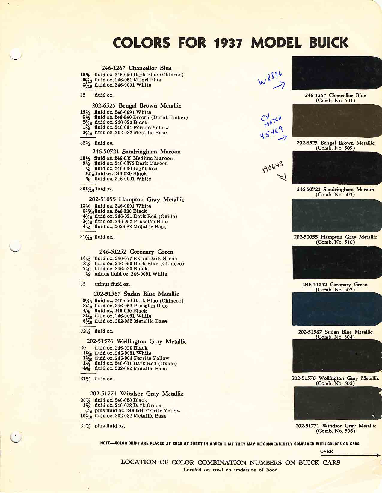 Paint Colors and Codes used on Buick In 1937