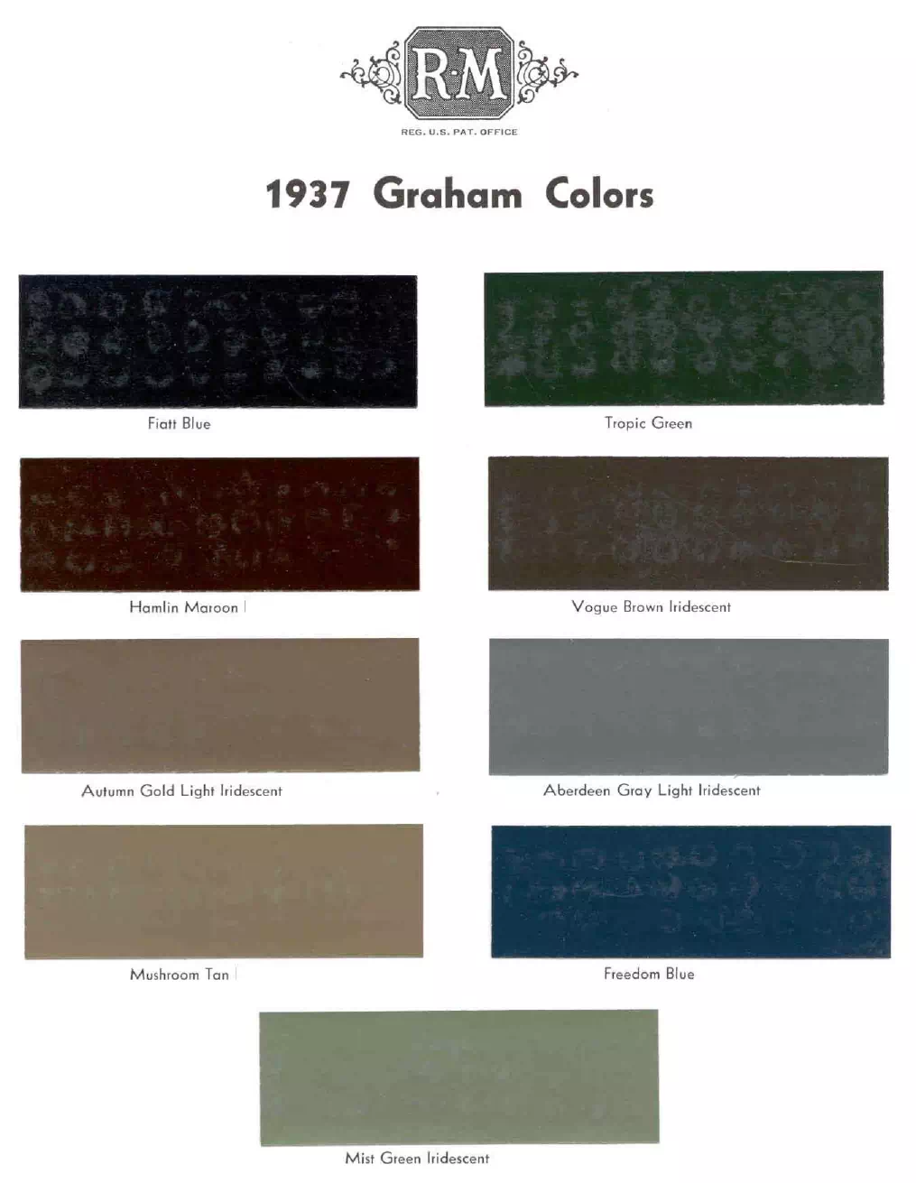 colors and ordering codes for those colors used on 1937 vehicles