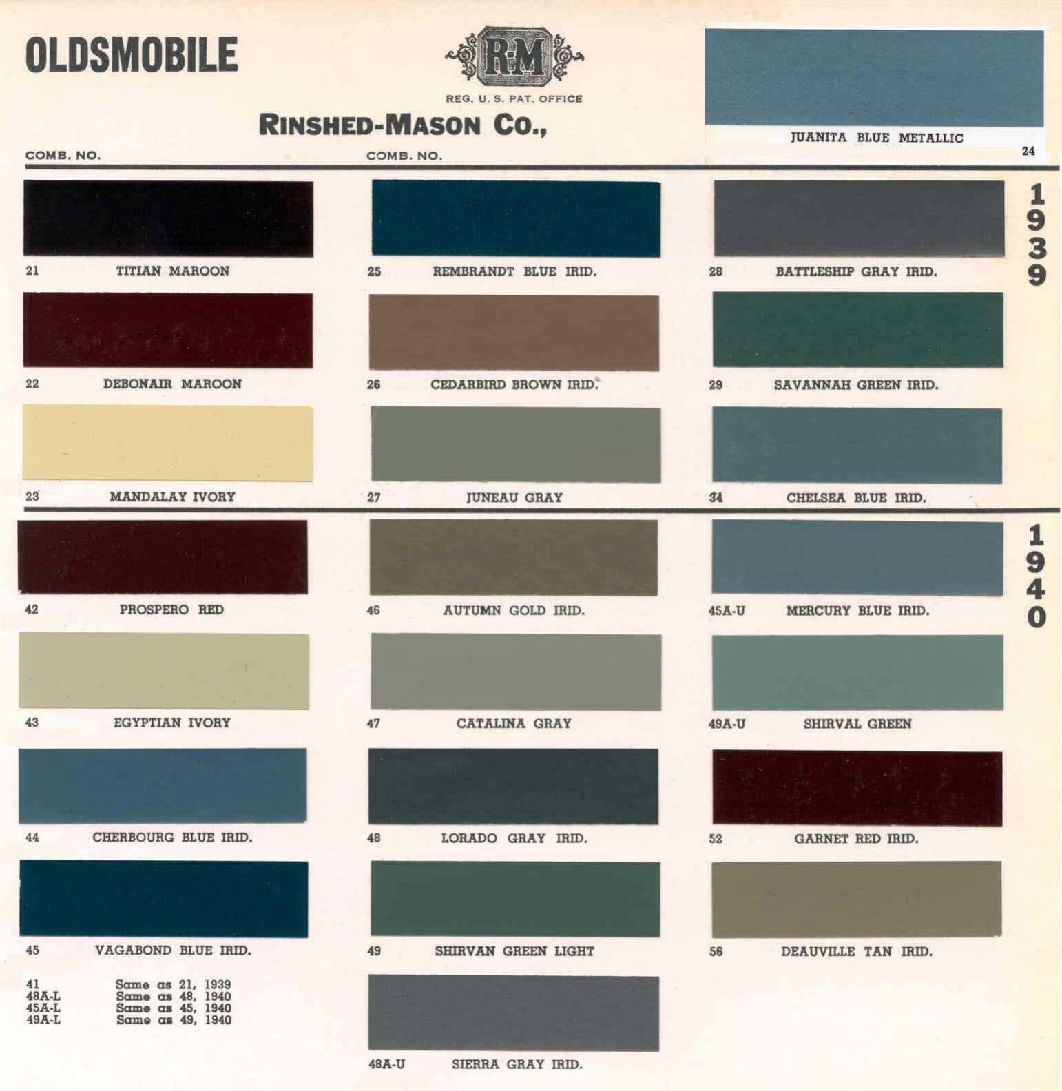 exterior colors used on oldsmobile in 1939