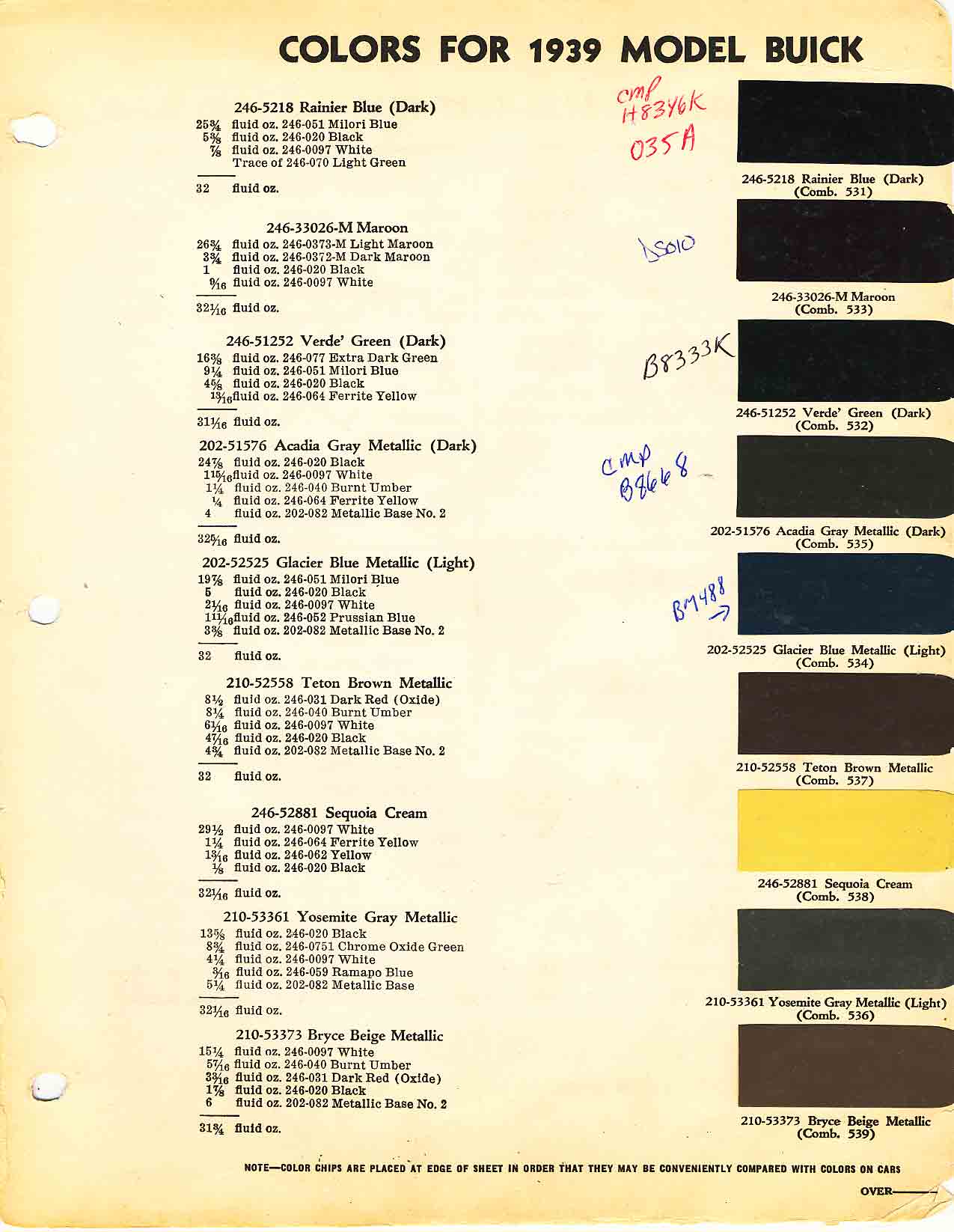 Colors used on Buick in 1939