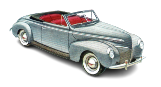 1940 Mercury 8 Convertible vechicle example.  Taken from the brochure, a silver bluish car with red seats and a transprent background