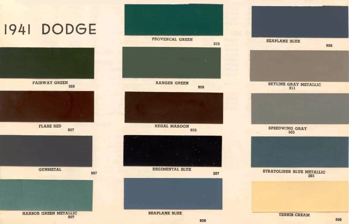 1941 Dodge Paint Codes & Color Chart.  ordering codes and color examples for vehicles