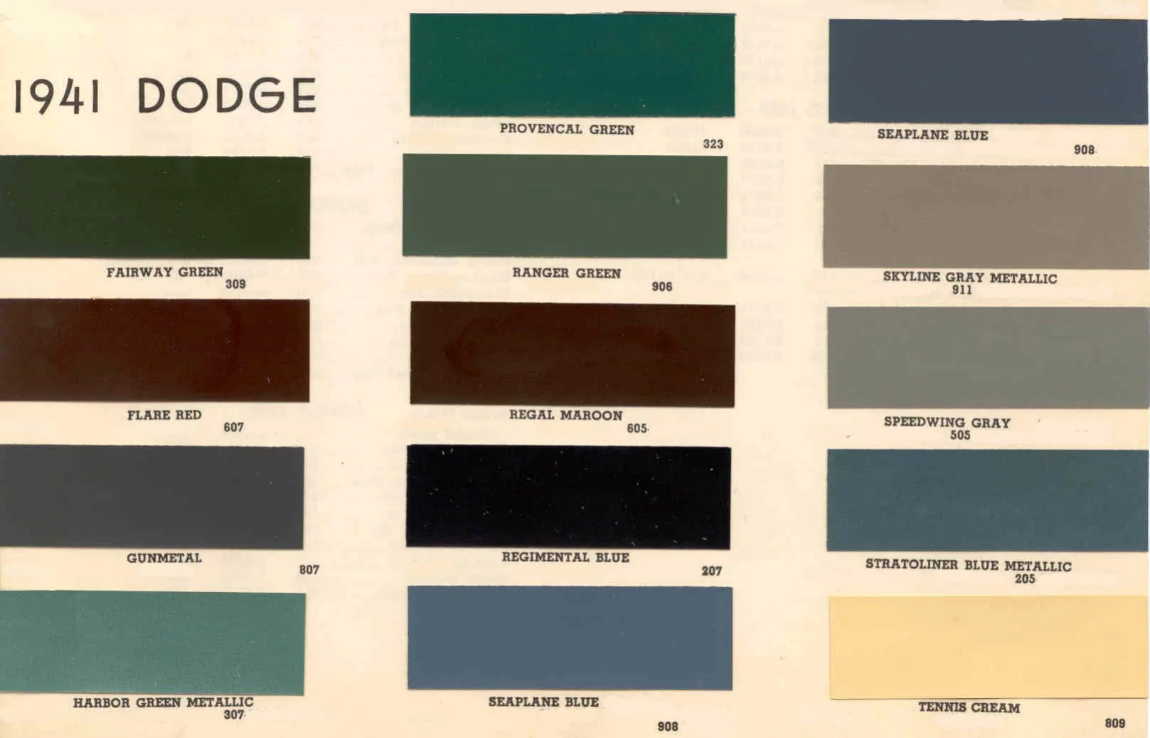 Summary Of Colors used on all Dodge Vehicles in 1941