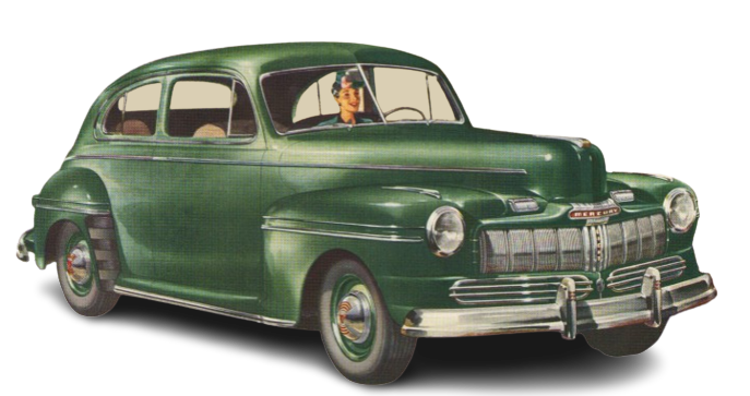 1946 Mercury Sedan Vehicle Example. painted in green, a woman sitting in the front, a transparent background