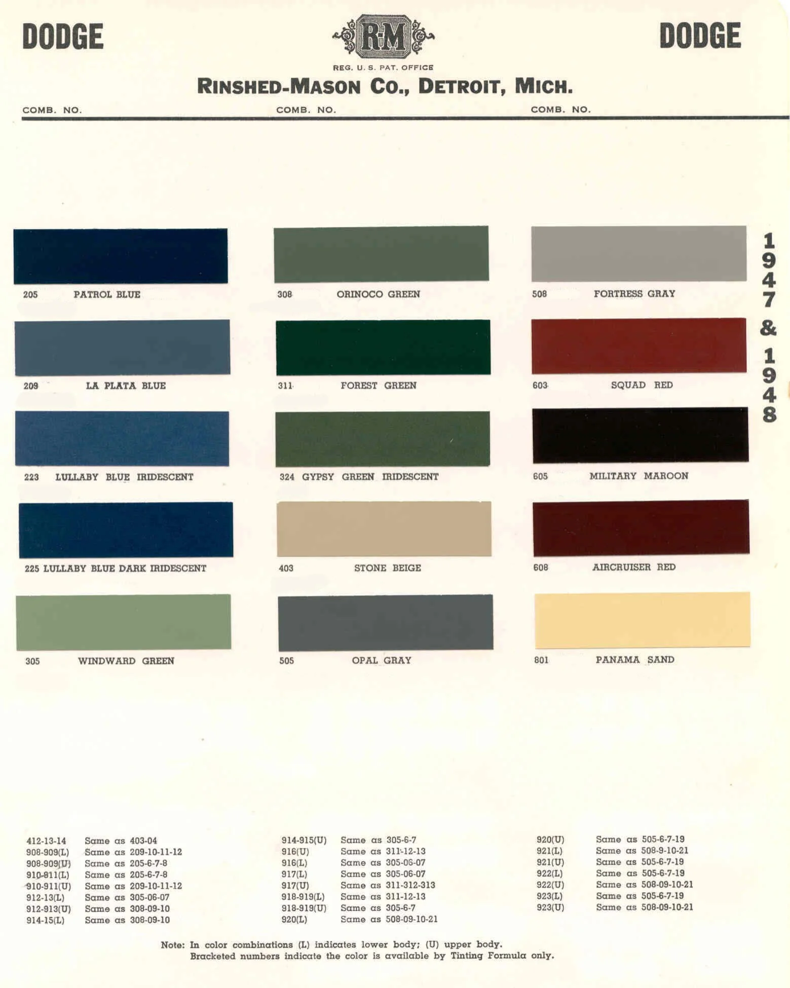 Summary Of Colors used on all Dodge Vehicles in 1947-1949