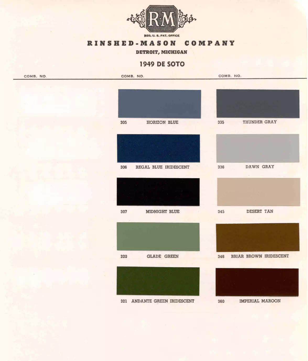 Paint codes, and their ordering stock numbers for their color on 1949 vehicles