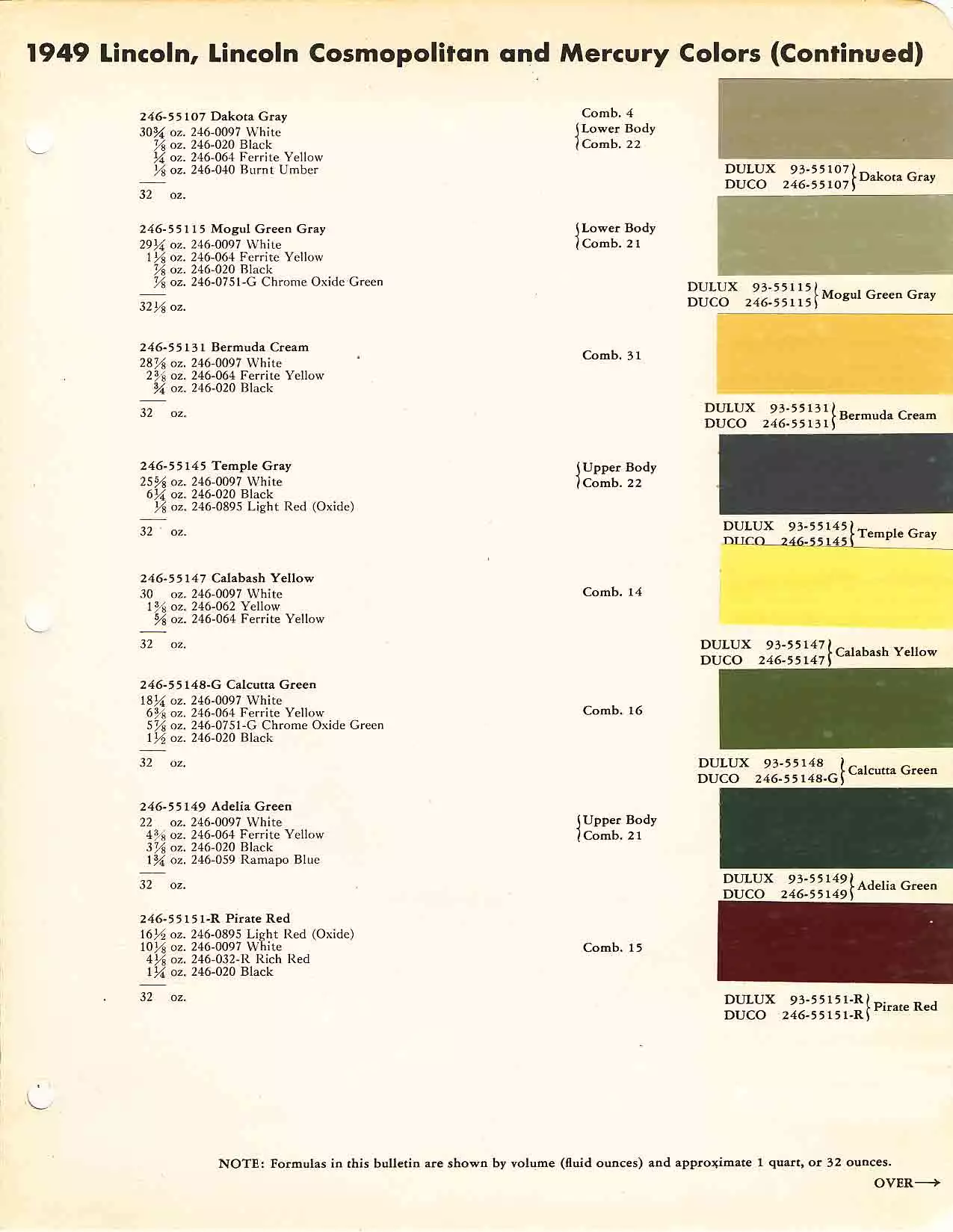 exterior colors, their codes, and example swatches used on lincoln & mercury vehicles in 1949