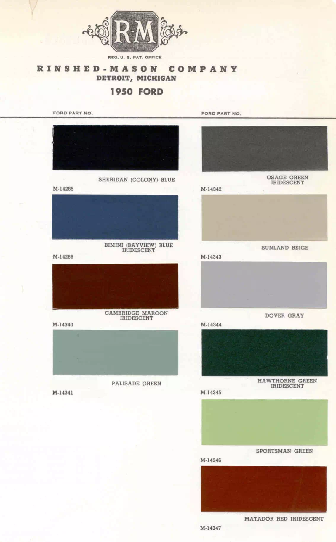 exterior colors, thier codes, and example swatches used on the exterior of the vehicles in 1950