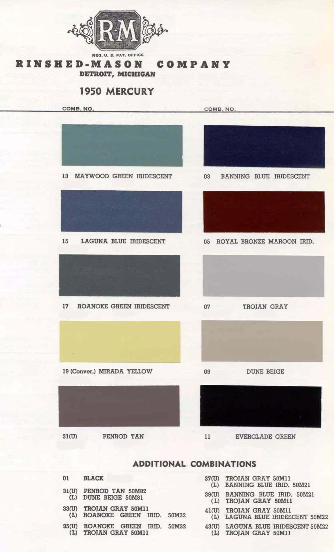 exterior colors, thier codes, and example swatches used on the exterior of the vehicles in 1950