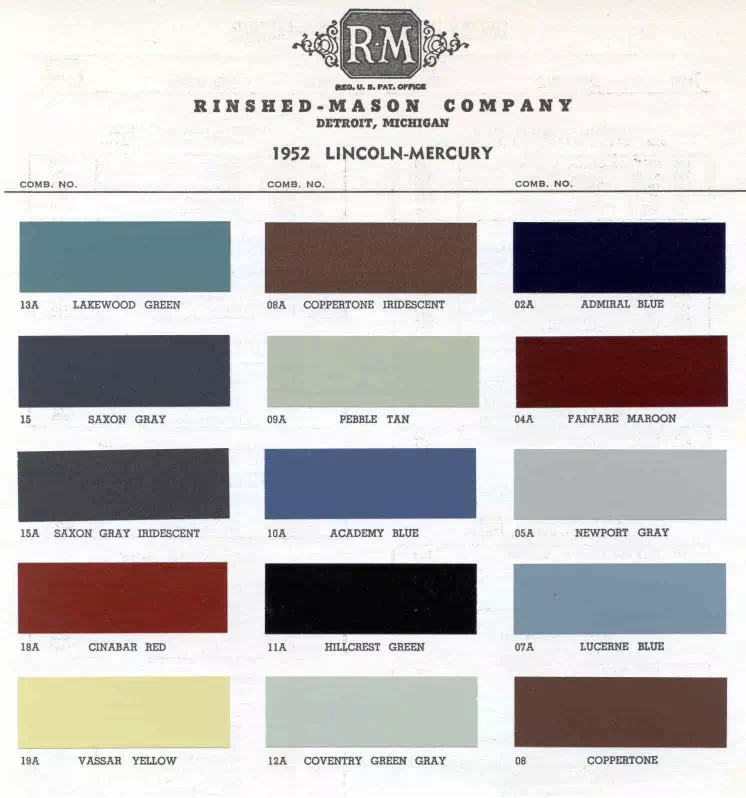 exterior colors, thier codes, and example swatches used on lincoln & Mercury vehicles in 1952