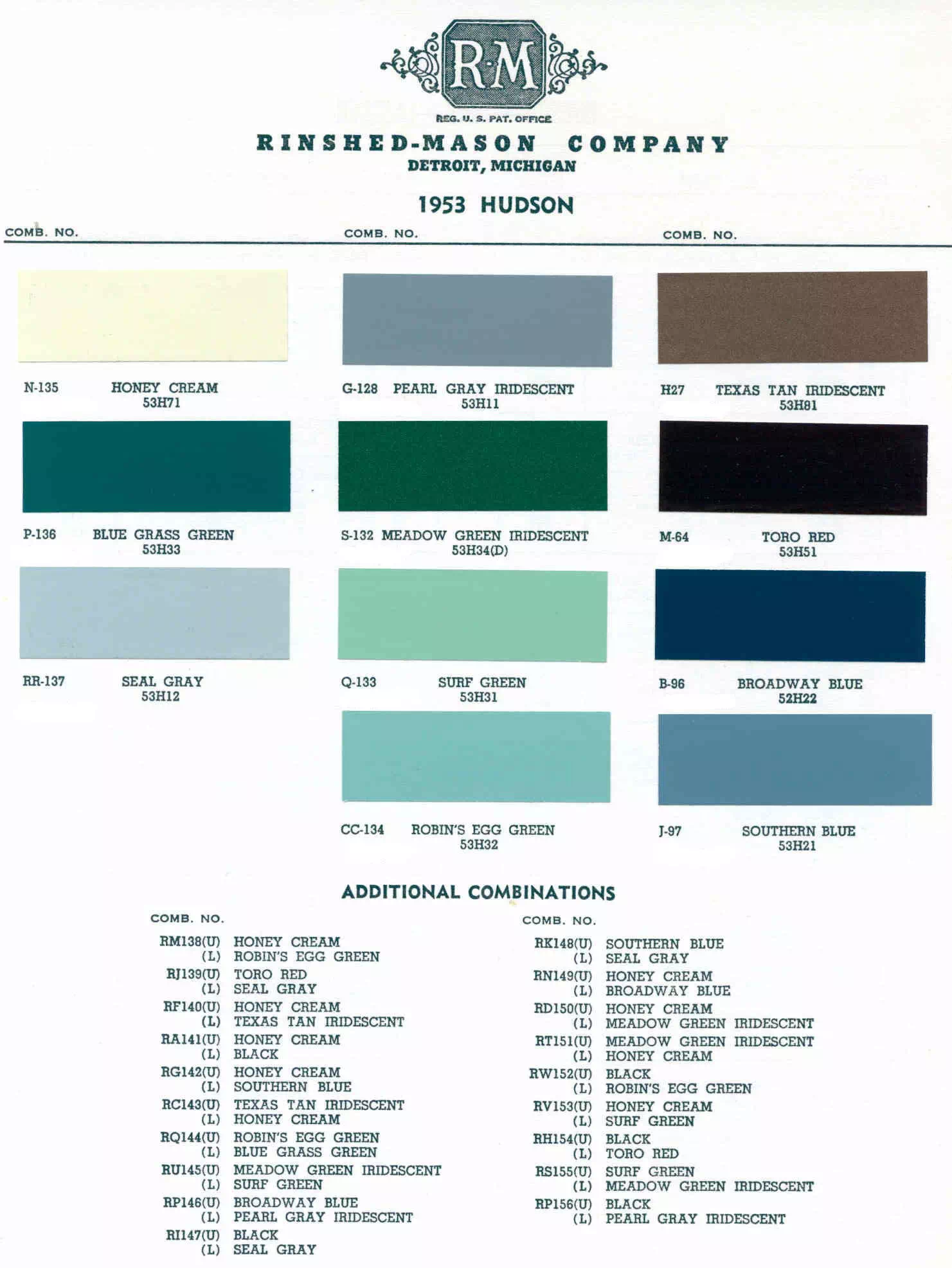 Colors and Color Code Combinations used in 1953