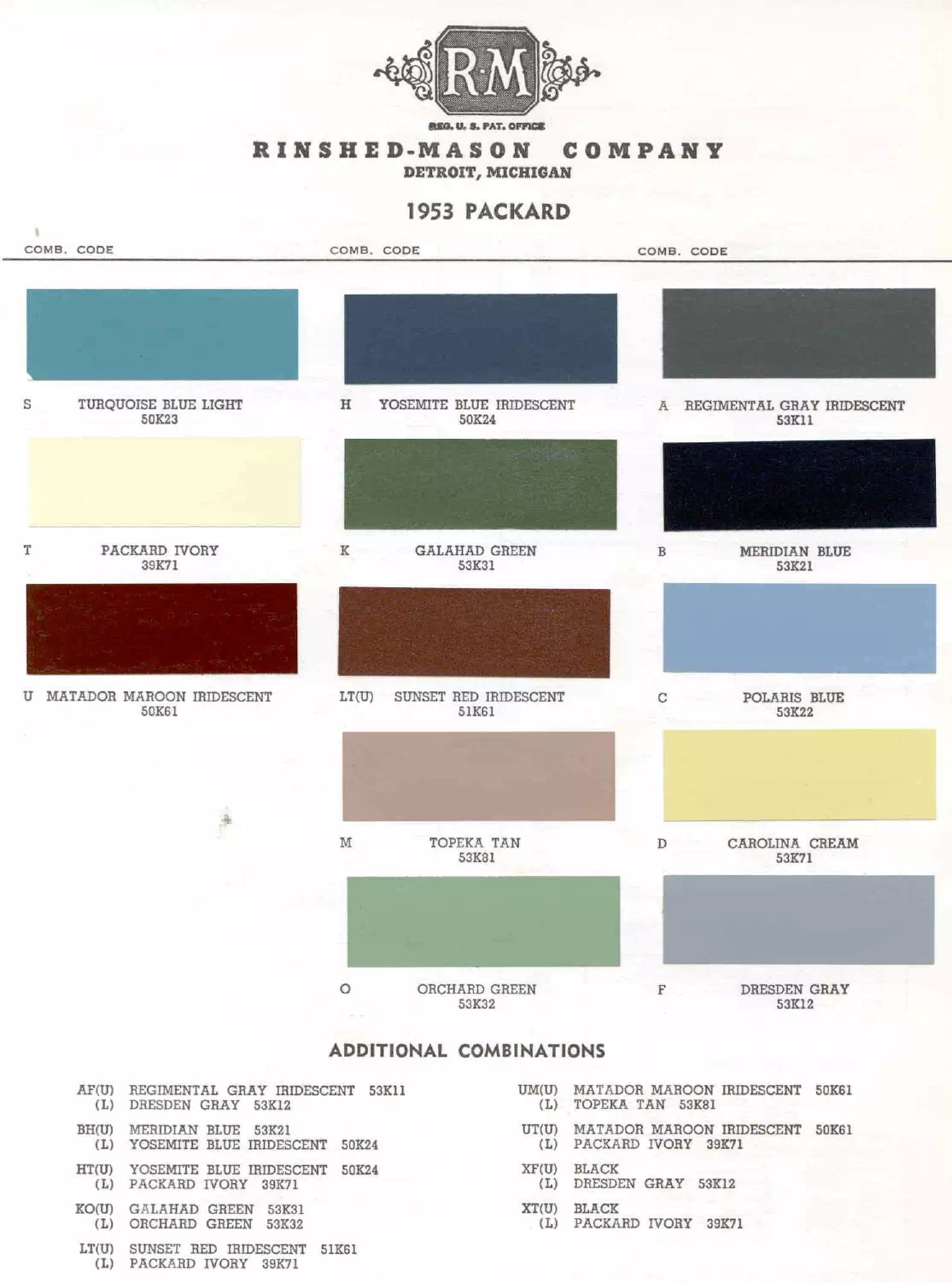 1953 Packard Paint Codes & Color Chart