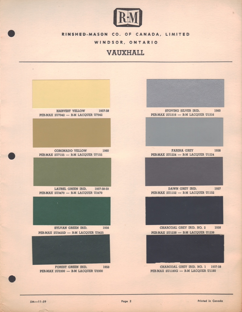Exterior Paint Codes and Color Examples Used on Vauxhall in 1953