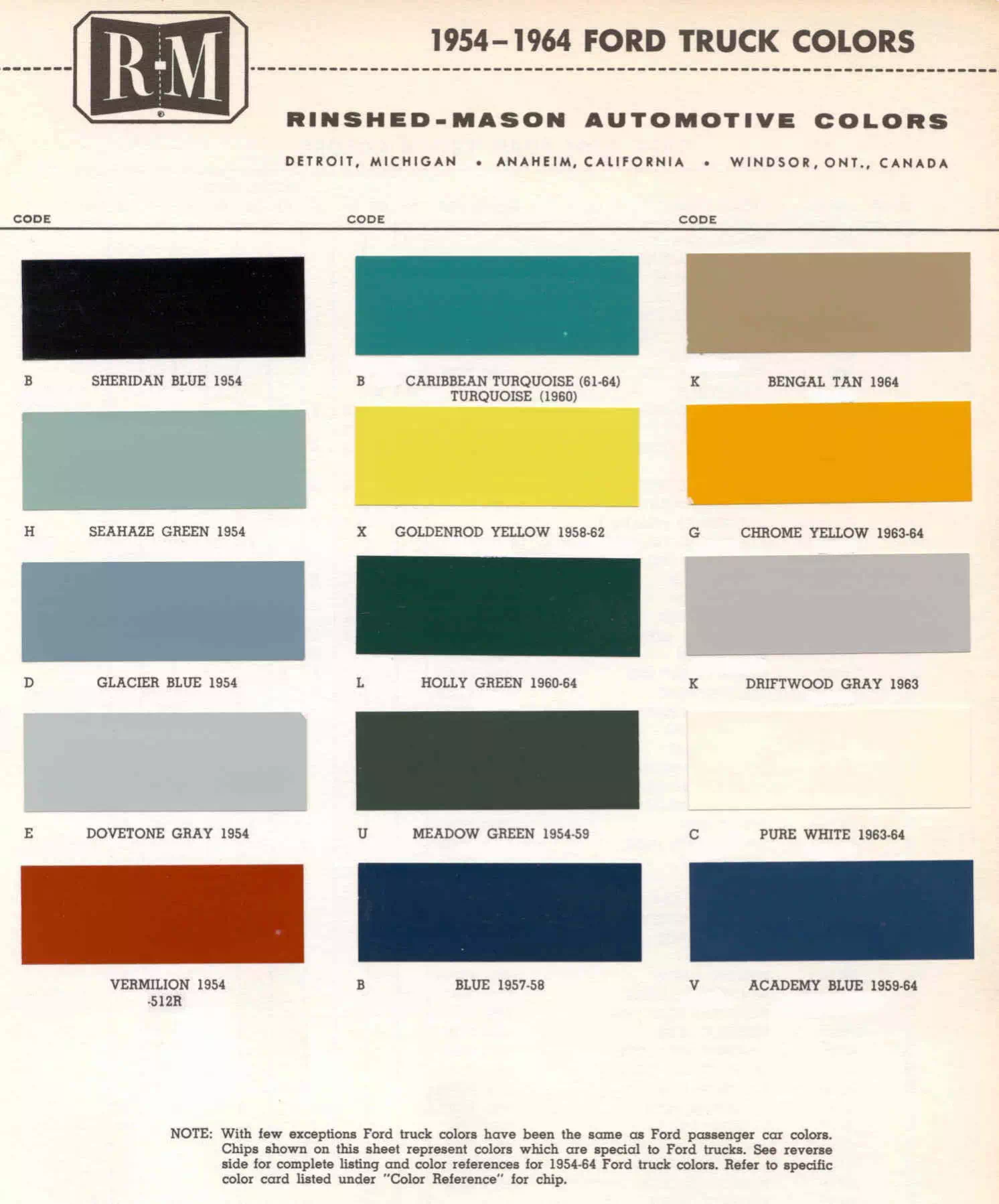 exterior colors, their codes, and example swatches used on the exterior of the vehicles in 1954