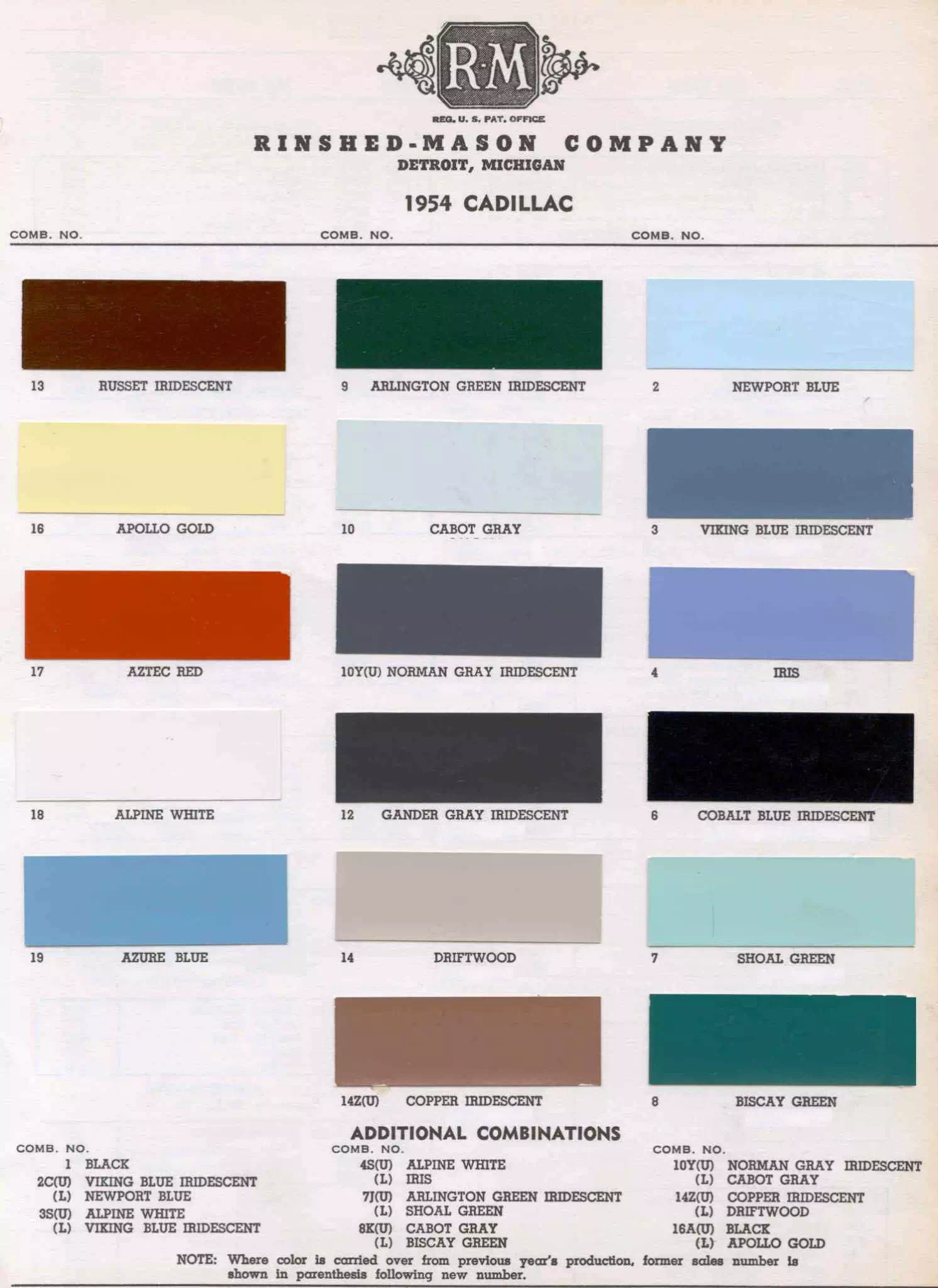 Summary of Cadillac Paint Codes for 1954