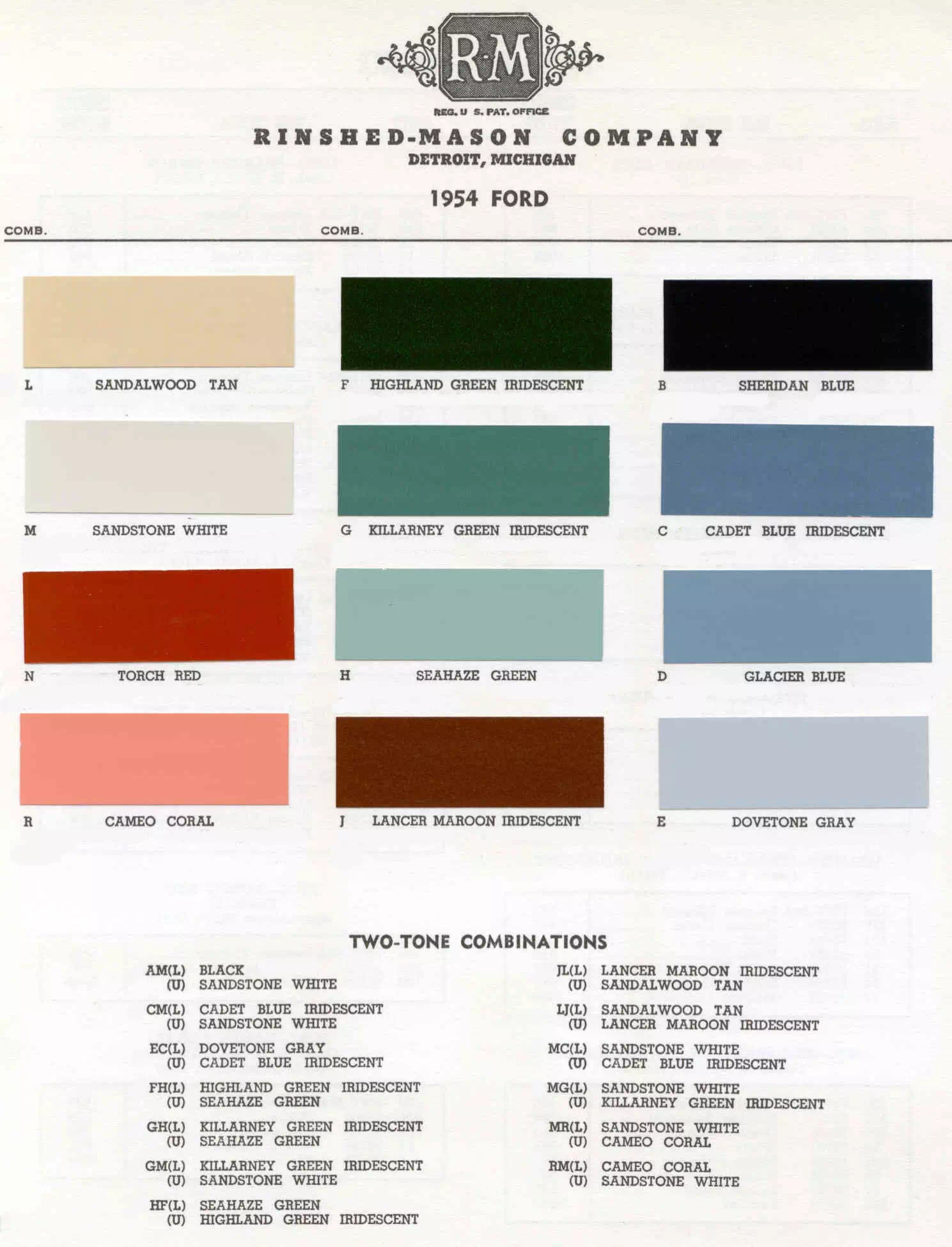 exterior colors, their codes, and example swatches used on the exterior of the vehicles in 1954