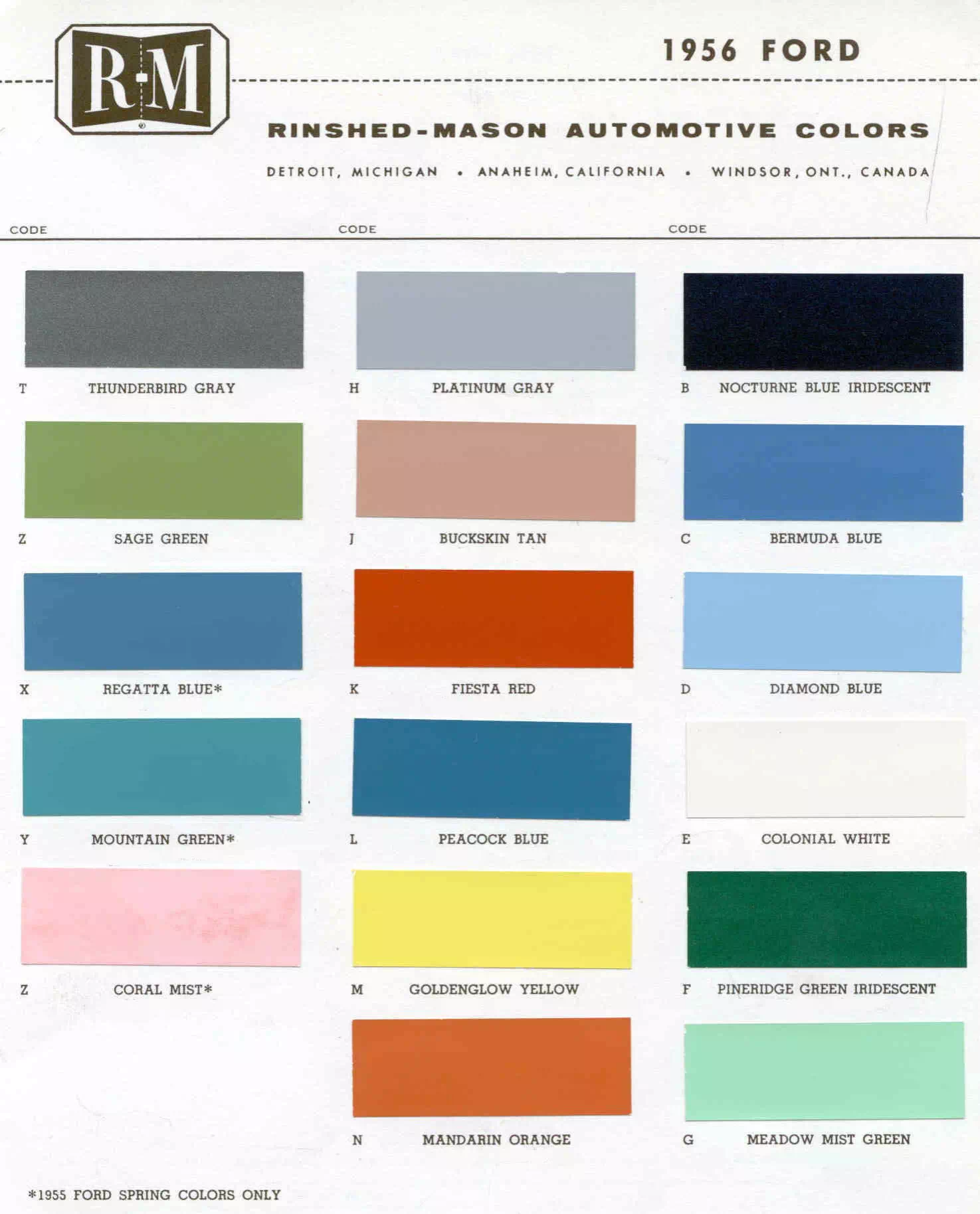 exterior colors, their codes, and example swatches used on the exterior of the vehicles in 1956