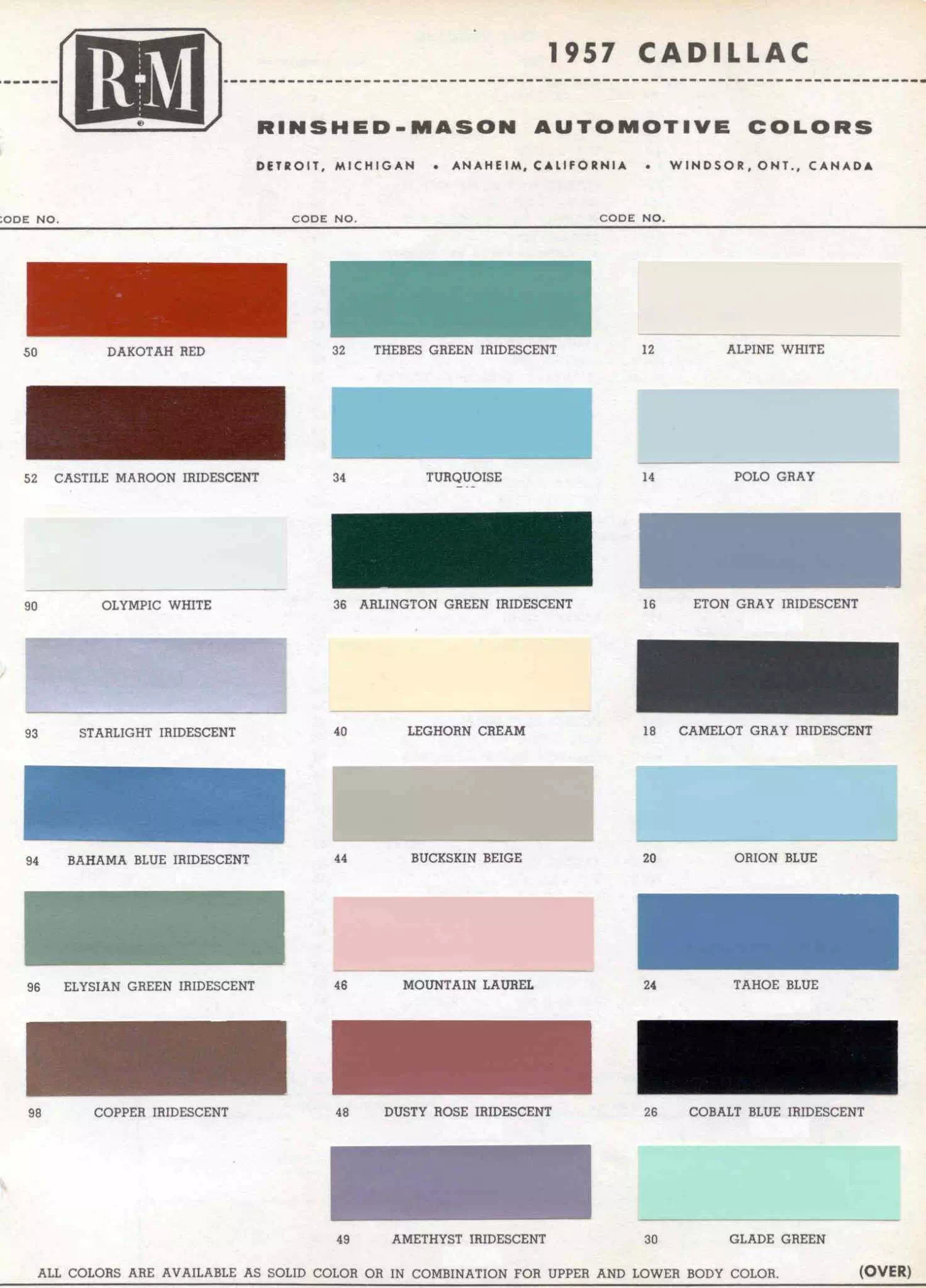 Colors used on 1957 62, Deville, 60, Convtible, and Eldorado Cadilac Vehicles