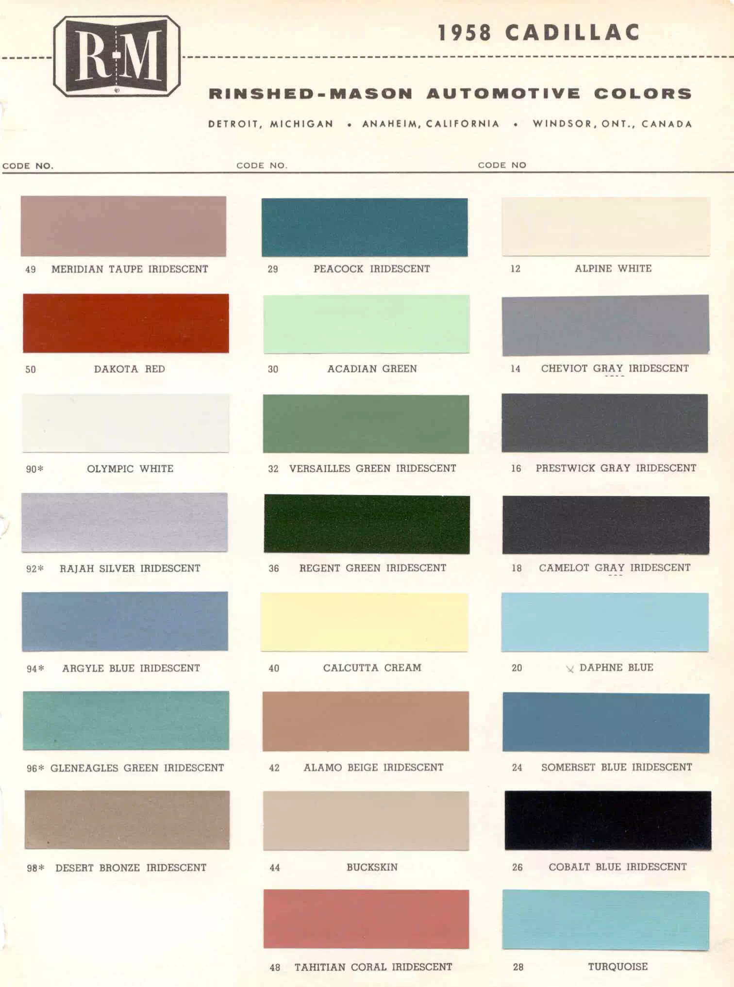Colors used on all Cadillacs in 1958