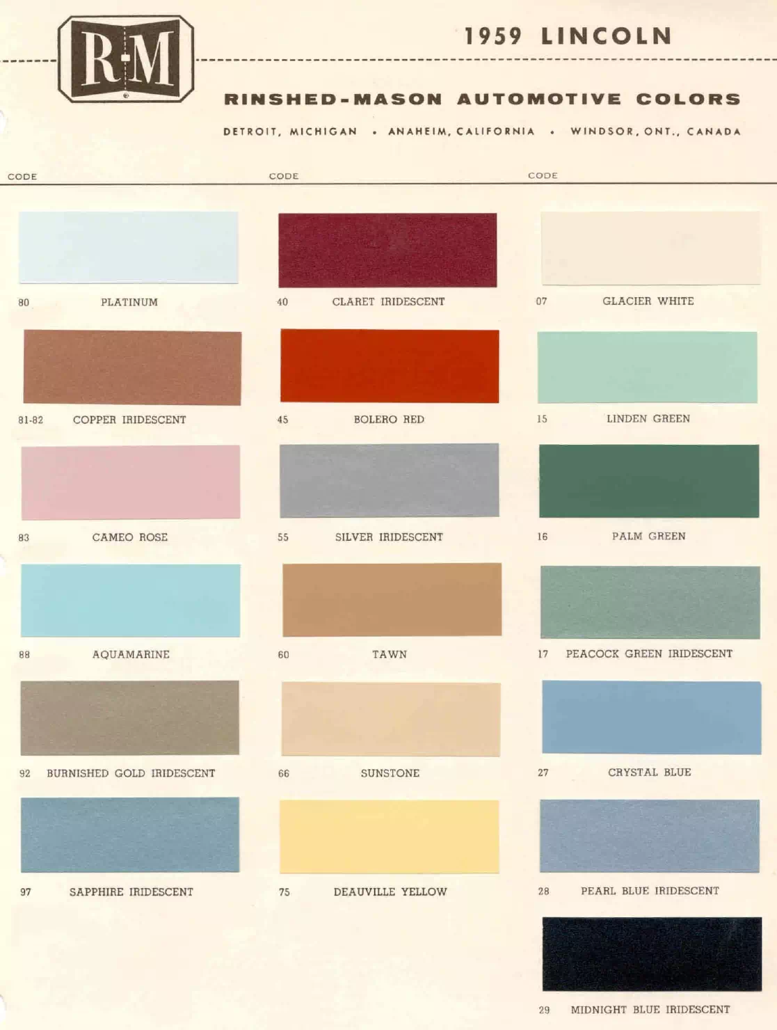 1959 Paint Code Color Book