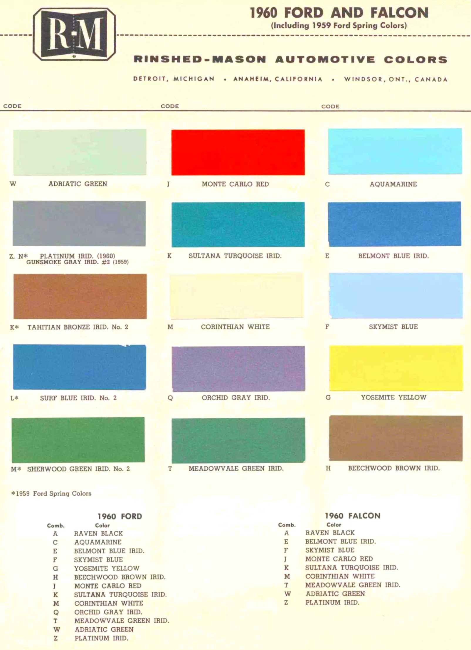 Color examples, Ordering Codes, OEM Paint Code, Color Swatches, and Color Names for the Ford Motor Company in 1960