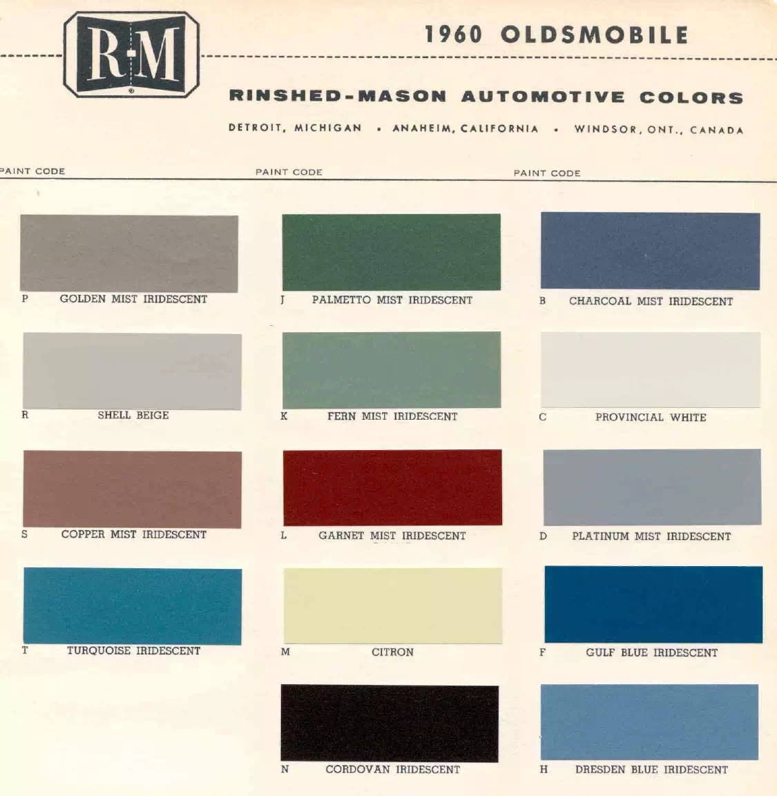 colors and color codes showing the ordering coded for  oldsmobile vehicles