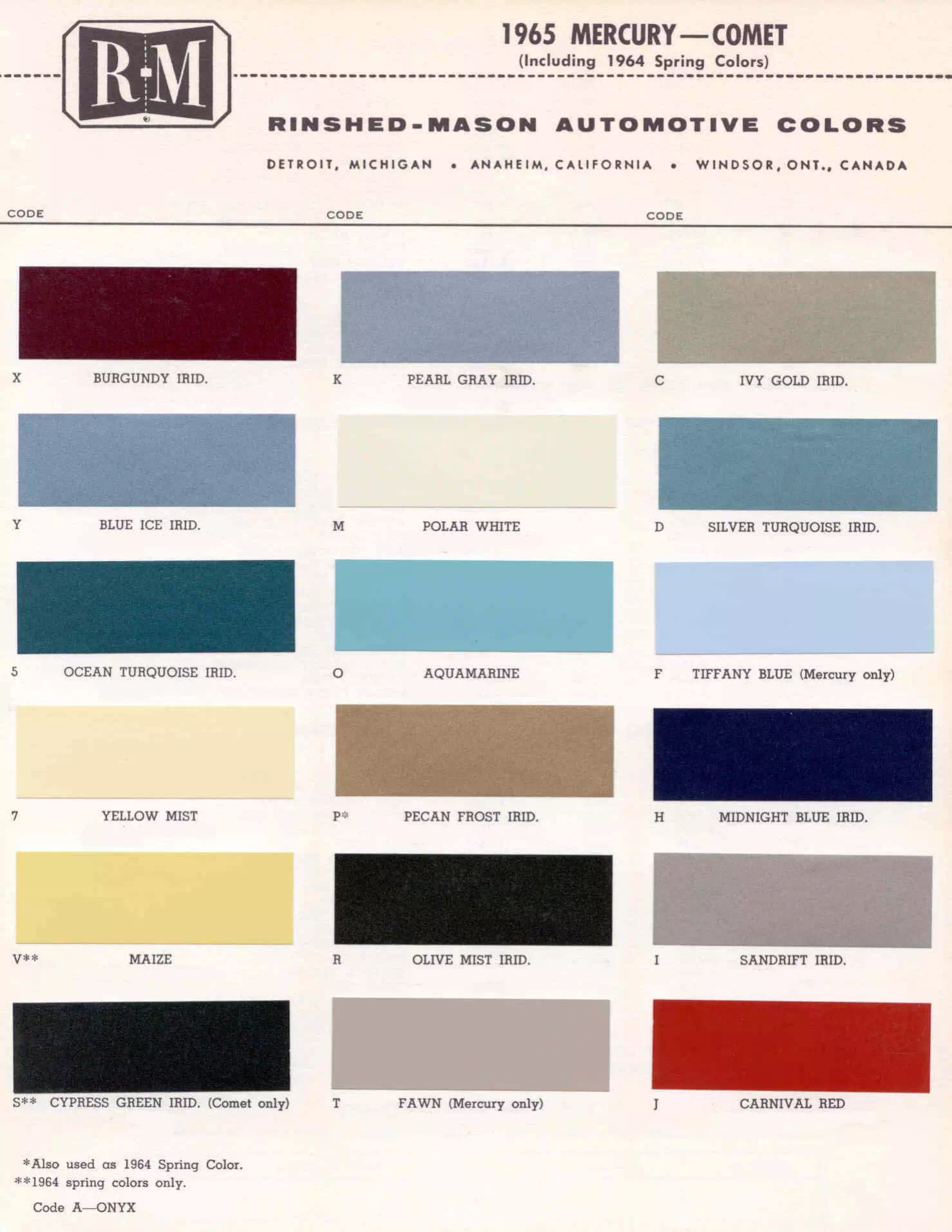 Color examples, Ordering Codes, OEM Paint Code, Color Swatches, and Color Names for the Ford Motor Company in 1965
