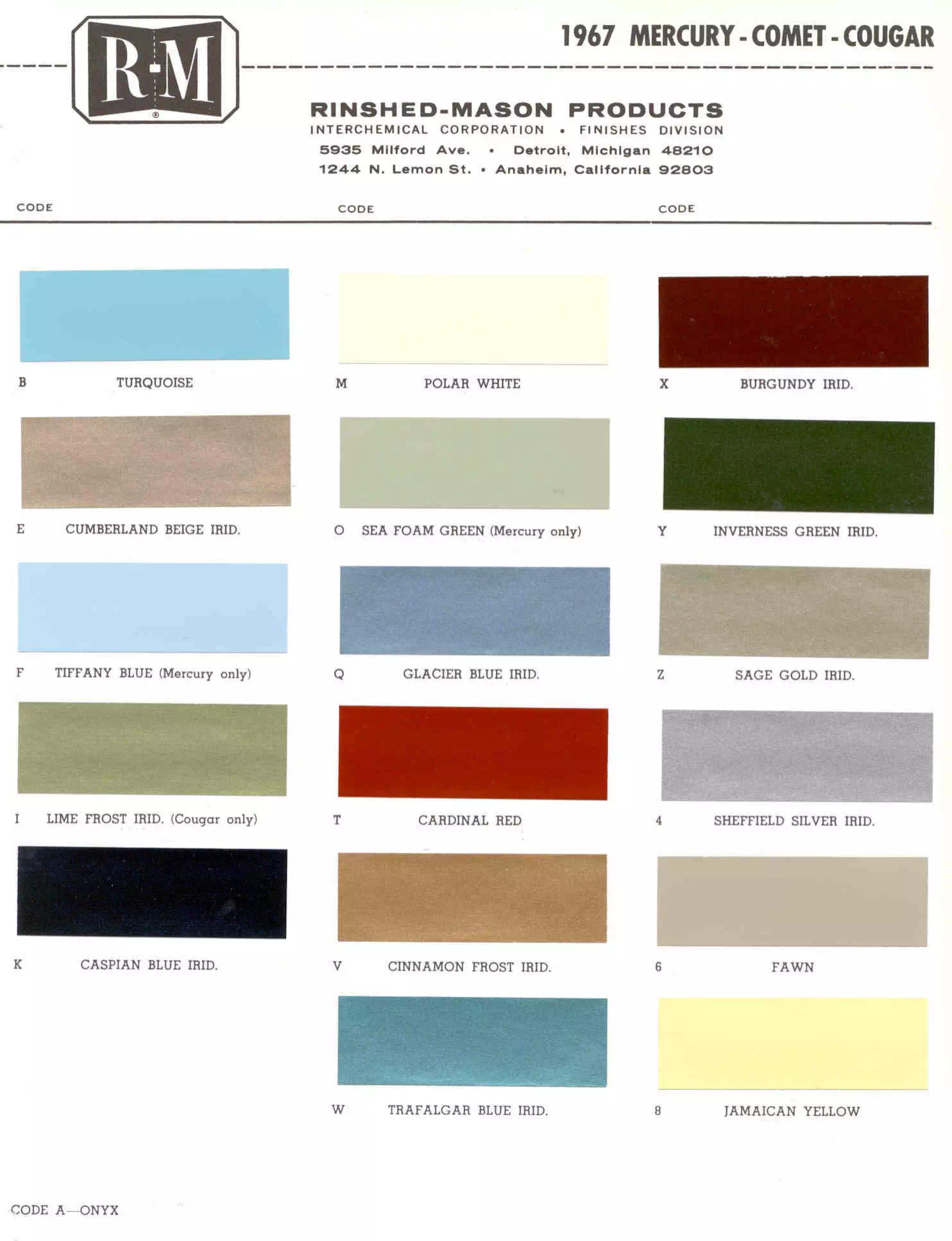 Color examples, Ordering Codes, OEM Paint Code, Color Swatches, and Color Names for the Ford Motor Company in 1967