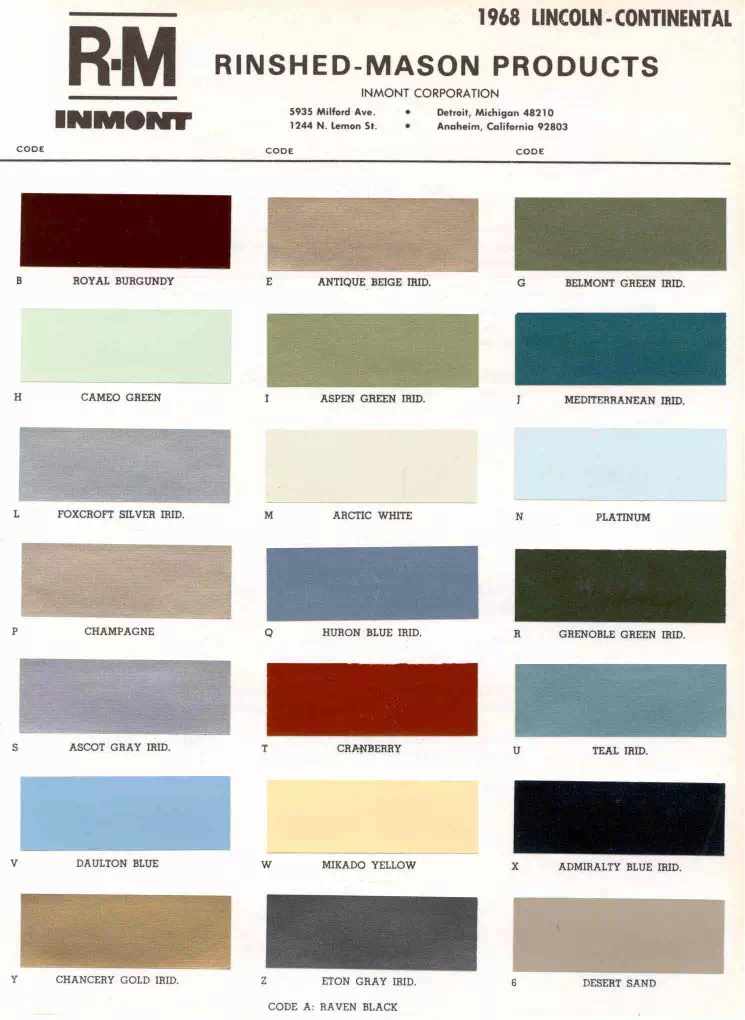 Color examples, Ordering Codes, OEM Paint Code, Color Swatches, and Color Names for the Ford Motor Company in 1968