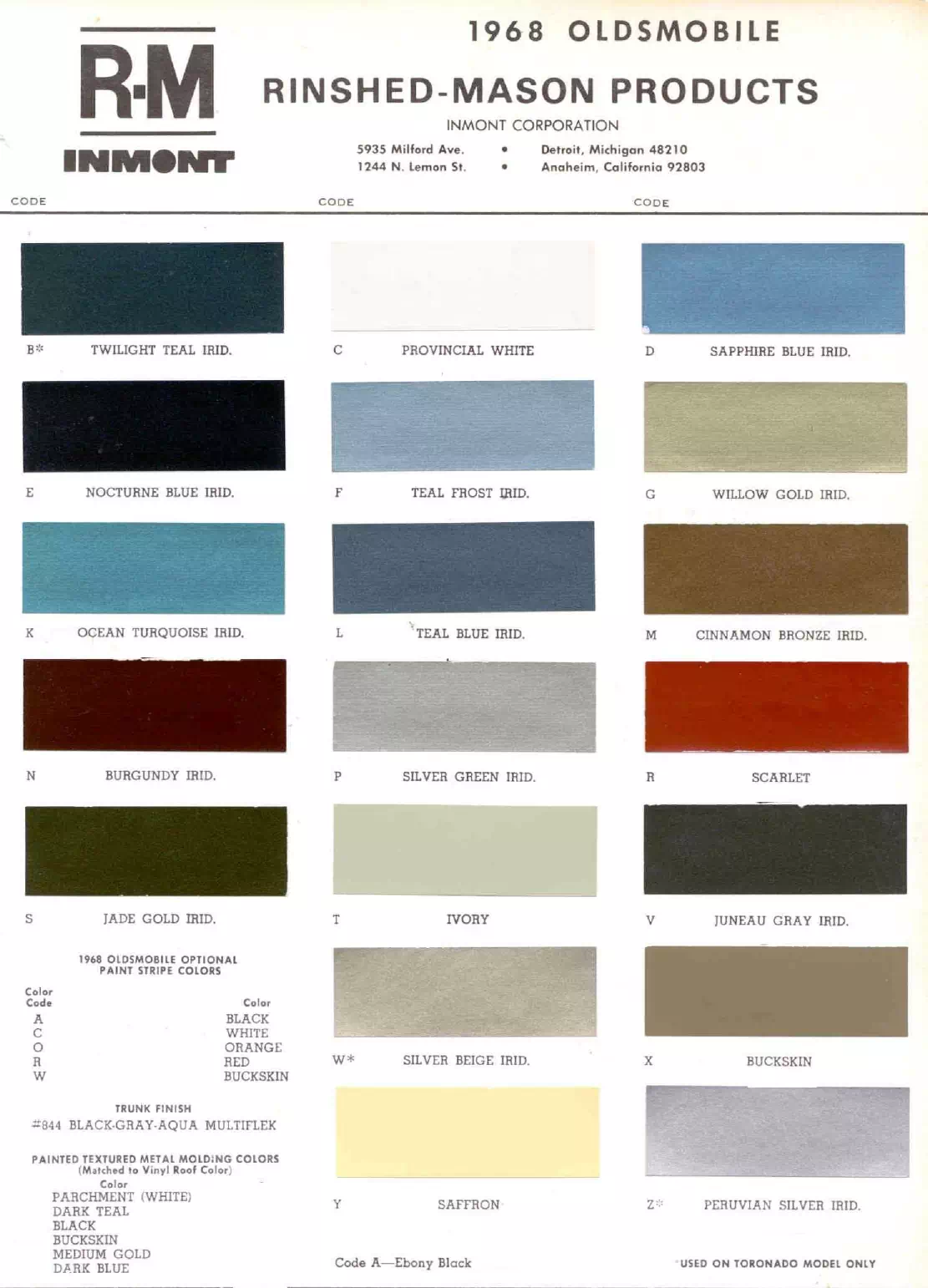 colors and color codes showing the ordering coded for  oldsmobile vehicles
