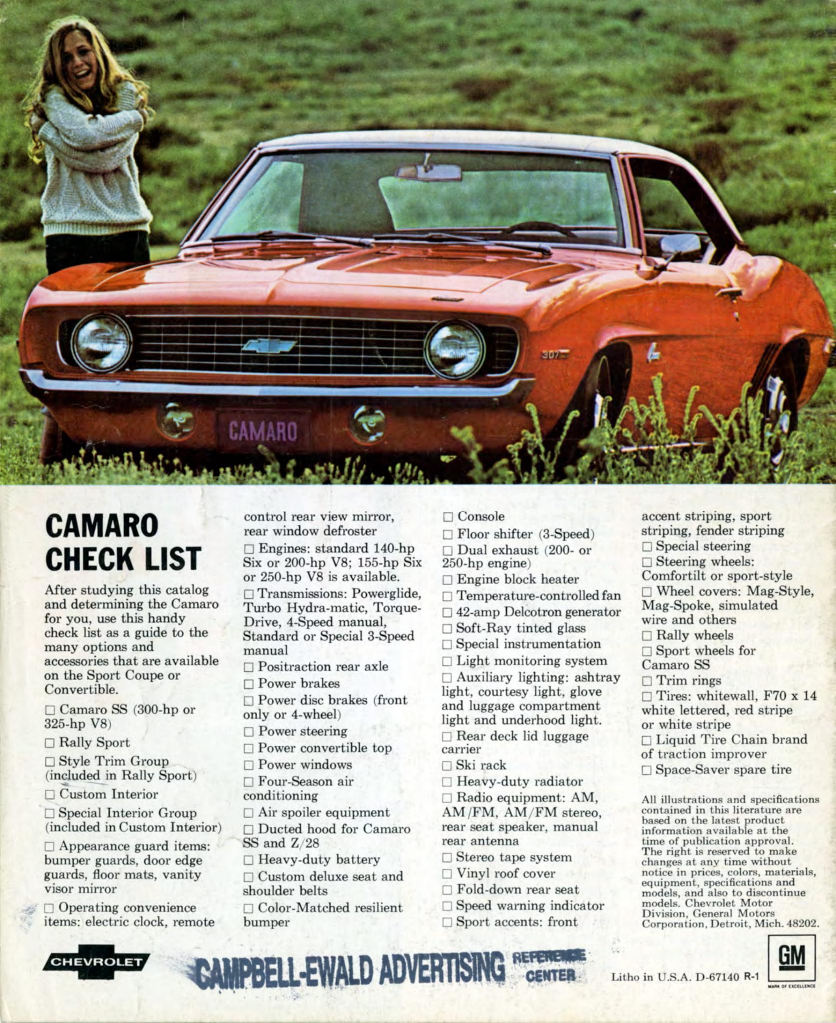 1969 CHEVROLET CAMARO Sales Brochure Literature Book 
