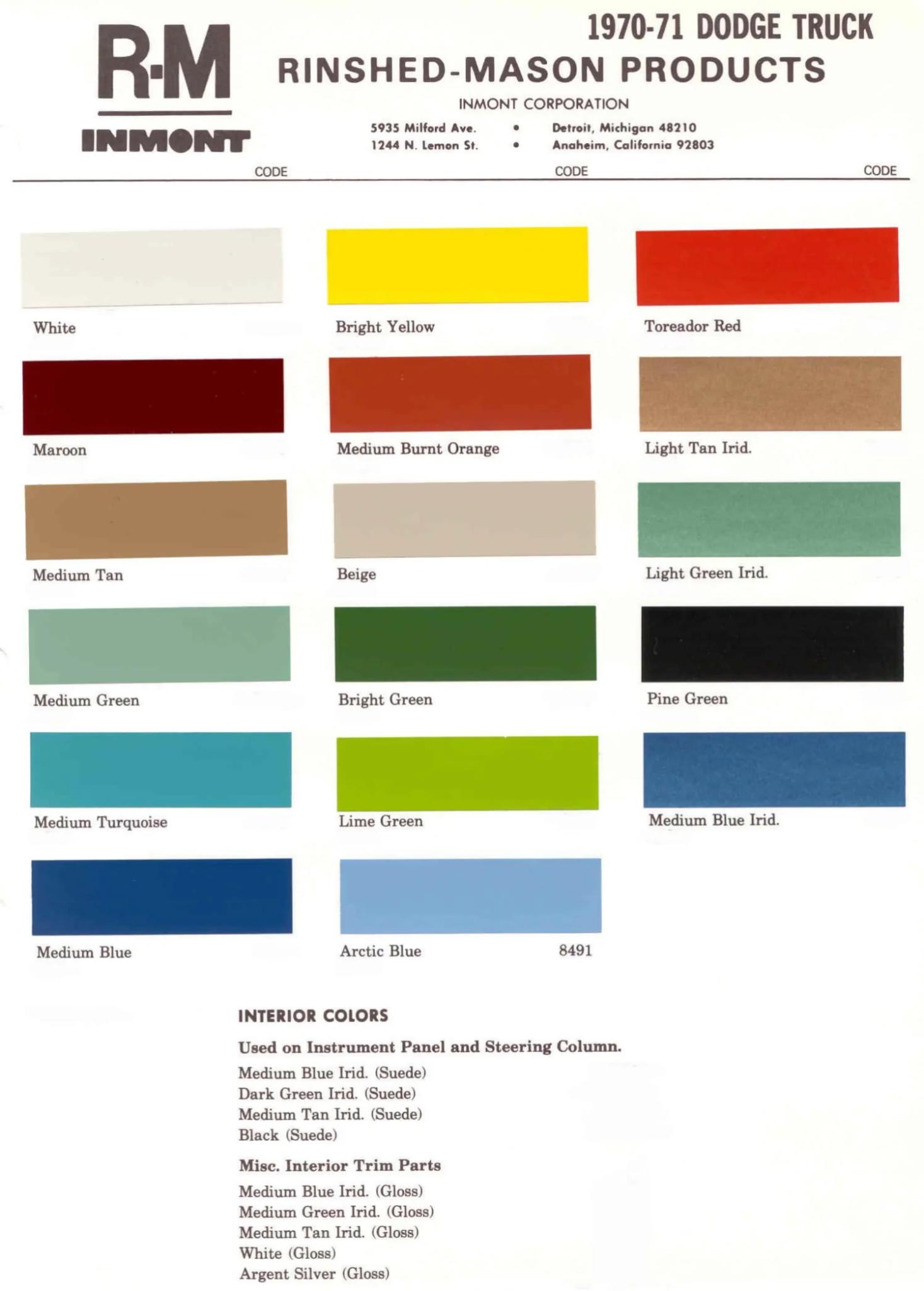 1970 Dodge Paint Color Chart