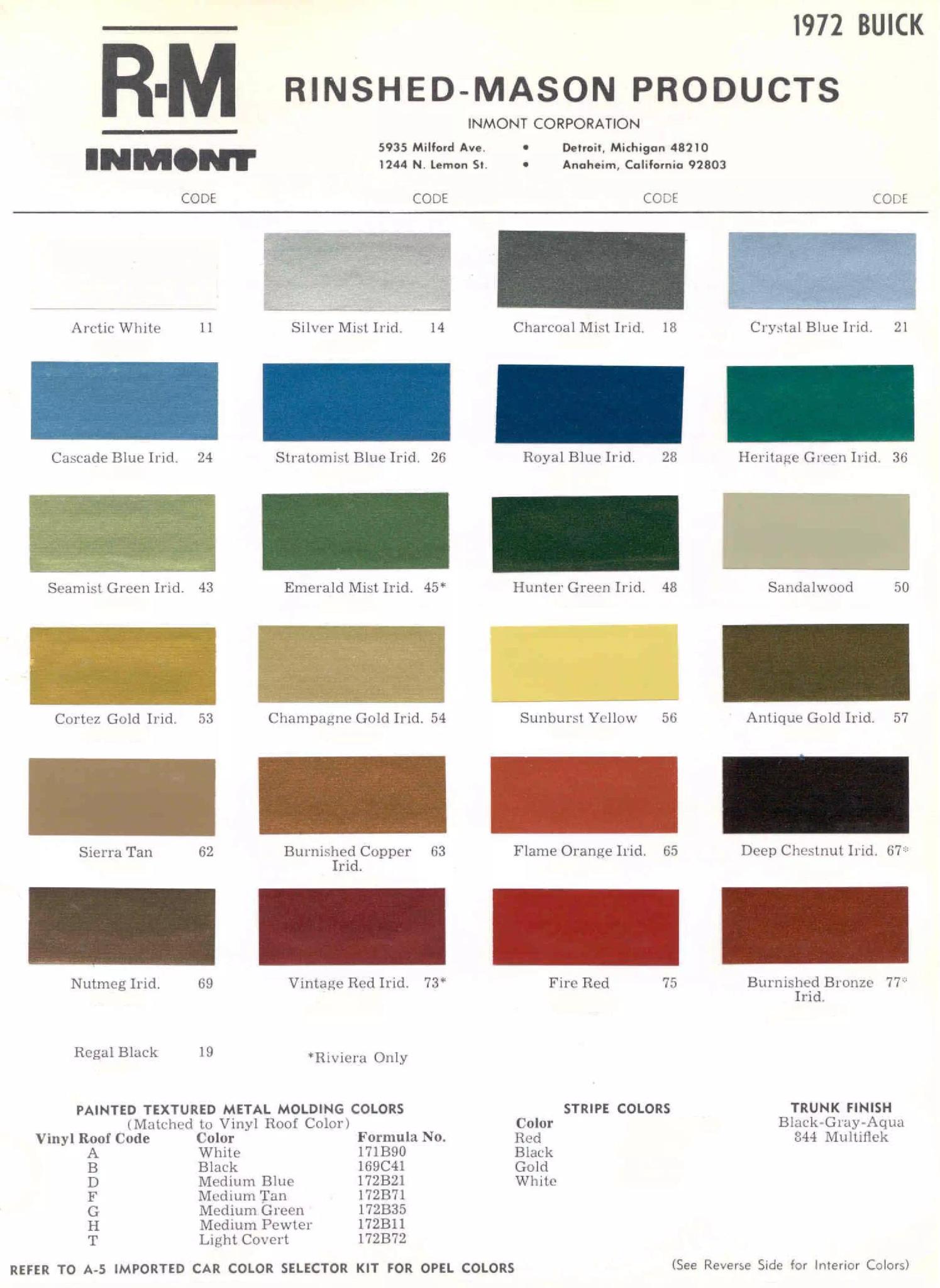 Buick color chart that contains color codes and paint swatches for the exterior color of a Buick vehicle.