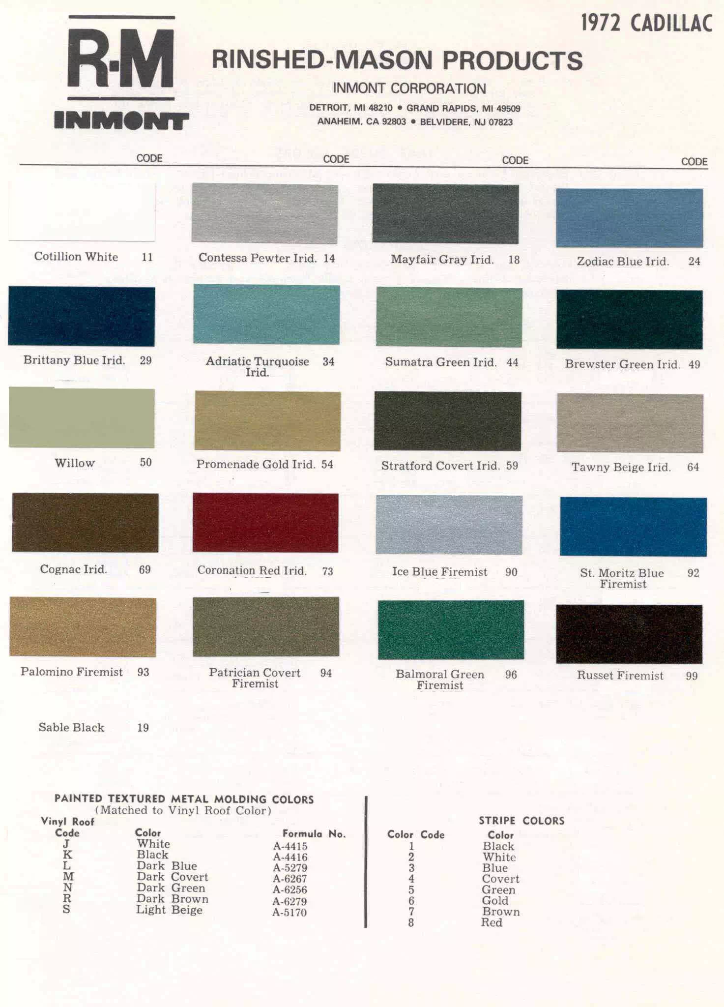 Color Codes and Color Swatch Examples of the Oem Paint from 1972