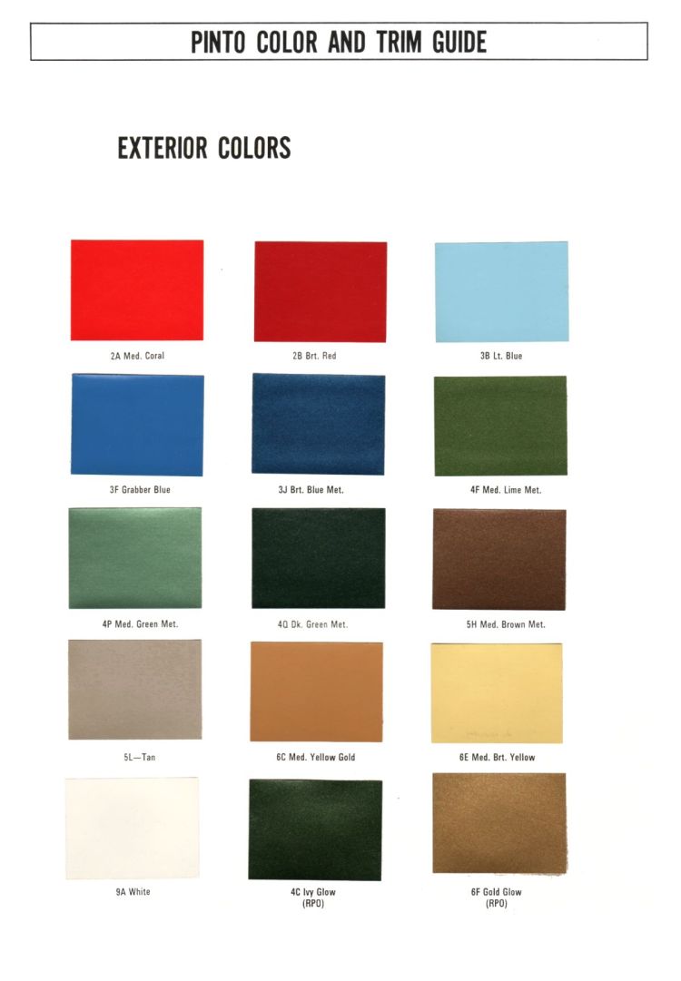 paint chips, color names, and color codes for the 1972 Ford Pinto exterior color vehicle options