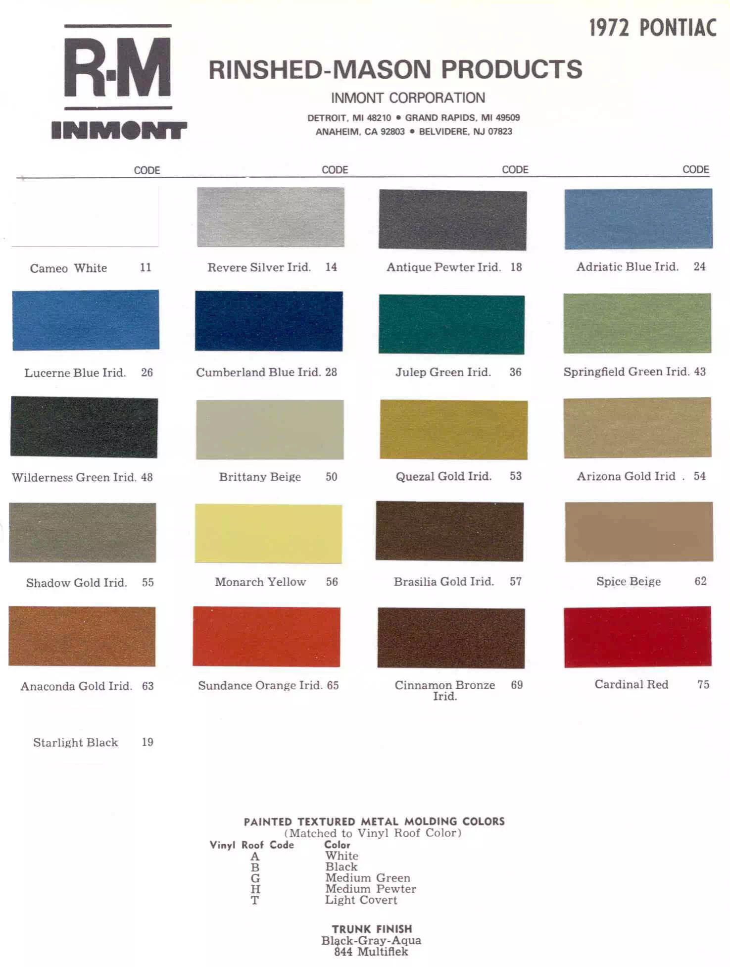 Color Codes and Color Swatch Examples of the Oem Paint from 1972
