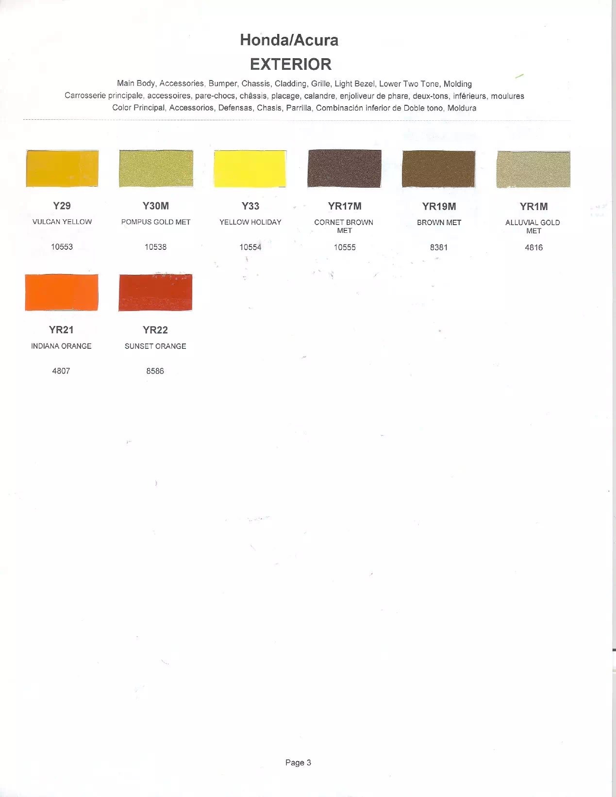 Exterior paint chips and their ordering codes for Honda Vehicles
