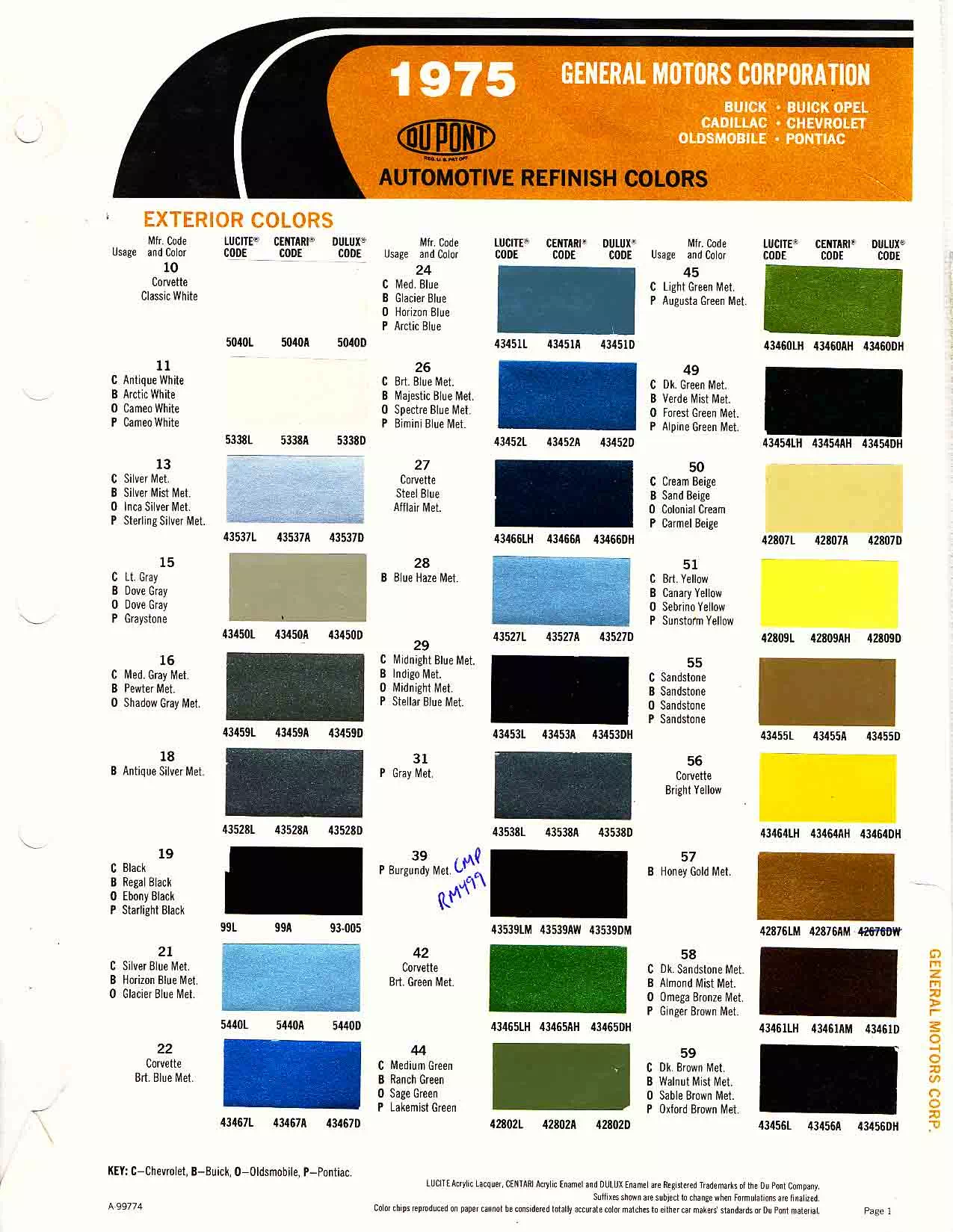Colors, Descriptions, Codes, and Paint Swatches for General Motors Vehicles in 1975